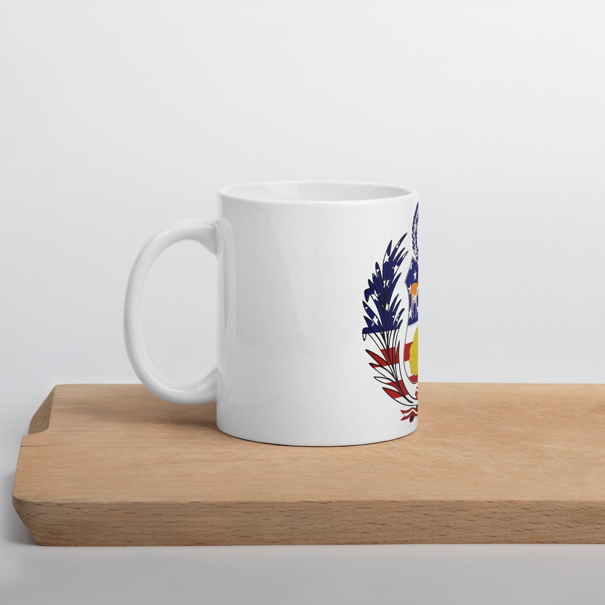 Peruvian American 11oz white mug on wooden board