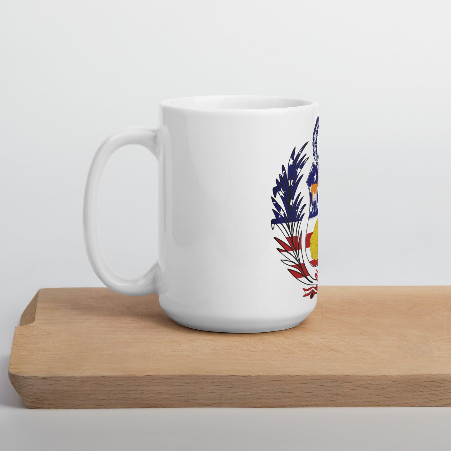 Peruvian American 15oz white mug on wooden board