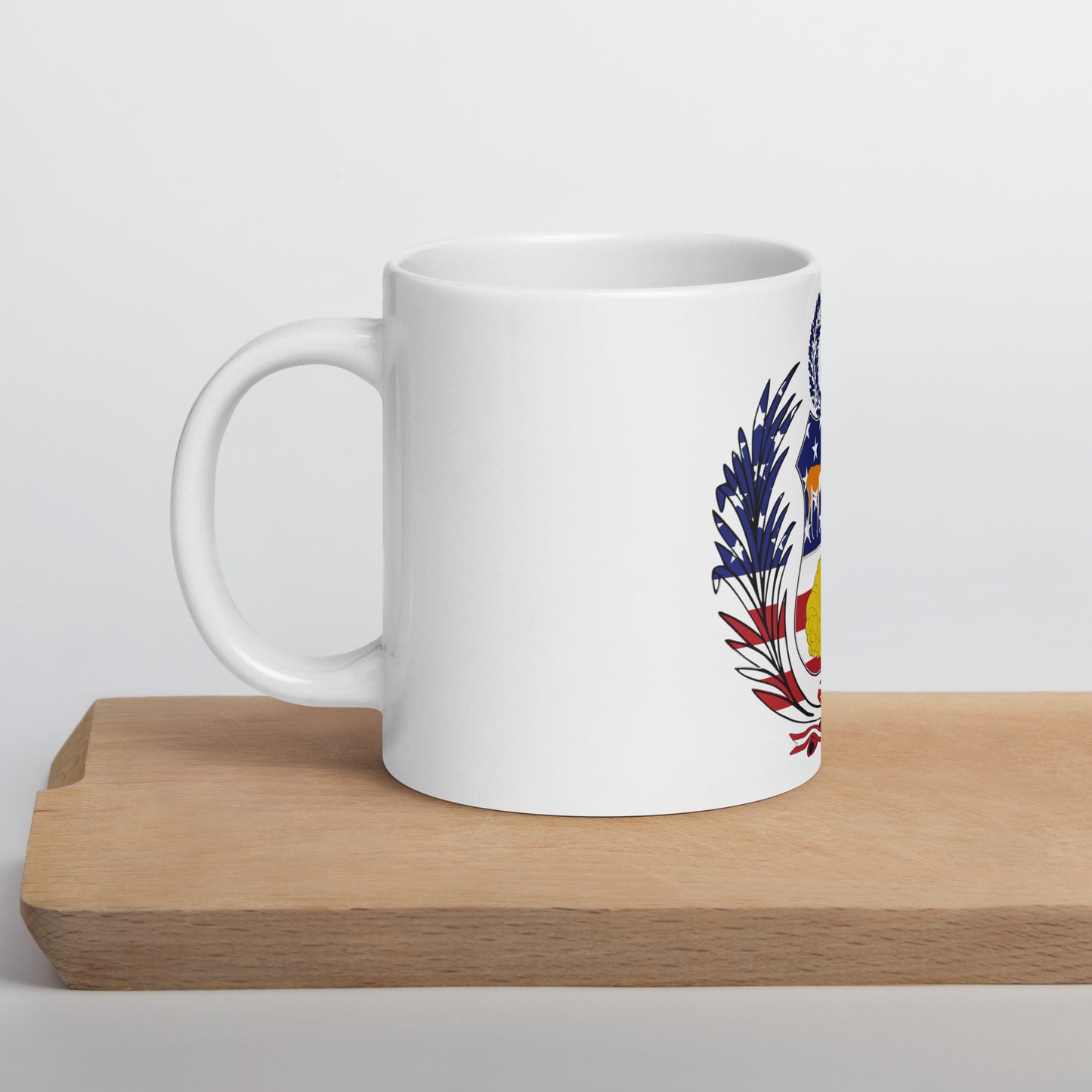 Peruvian American 20oz white mug on wooden board