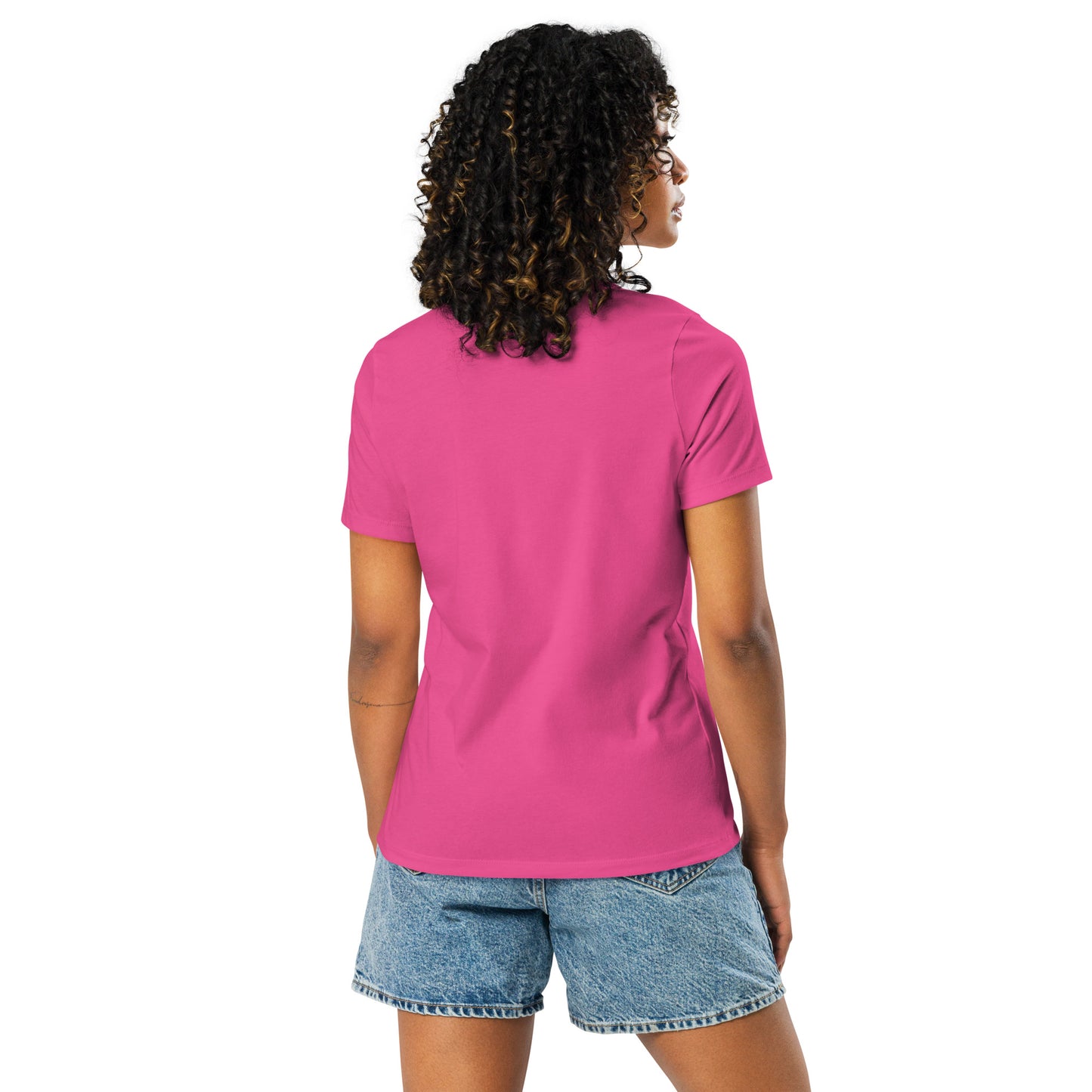 Chinese American berry pink blue womens relaxed fit t-shirt-model back