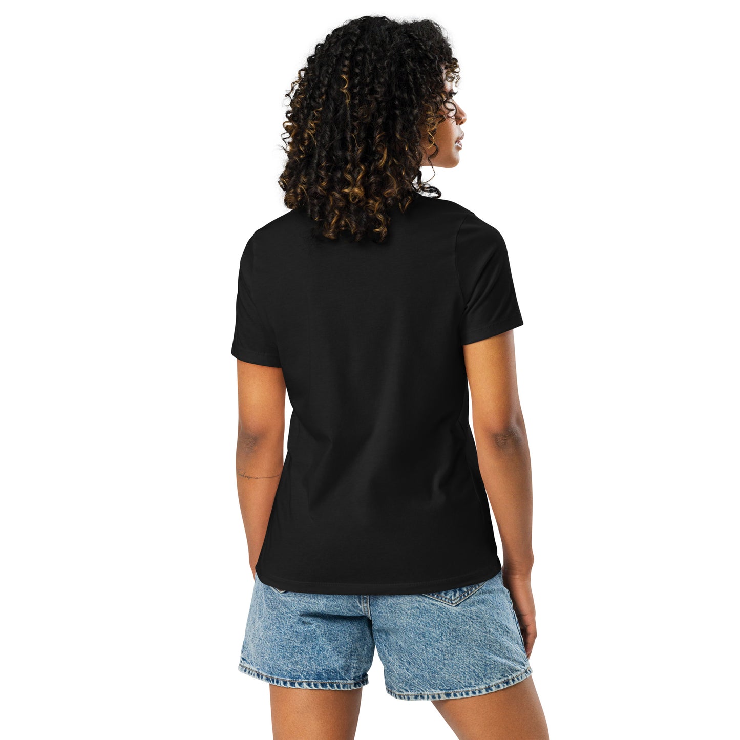 Chinese American black womens relaxed fit t-shirt model back