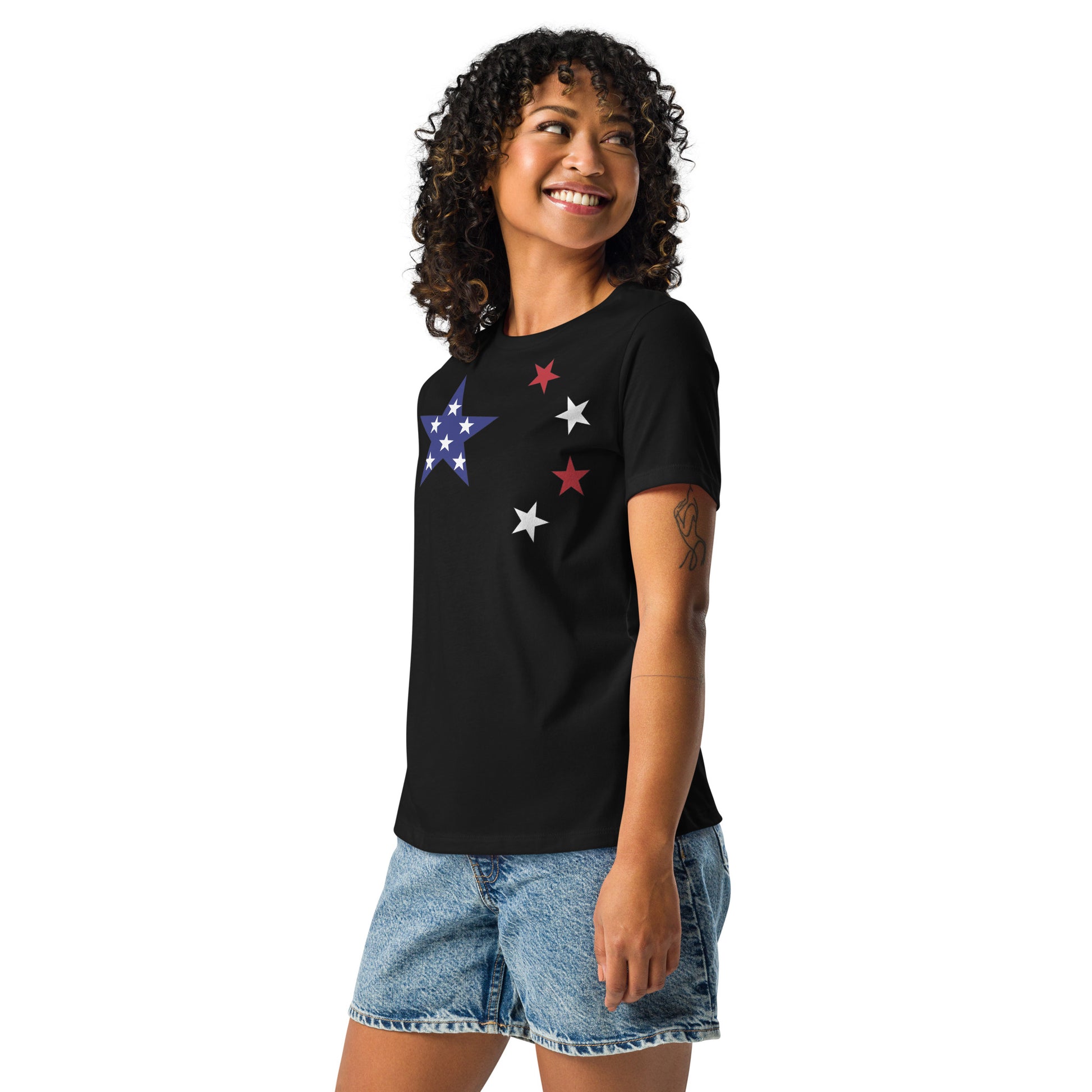 Chinese American black womens relaxed fit t-shirt model left