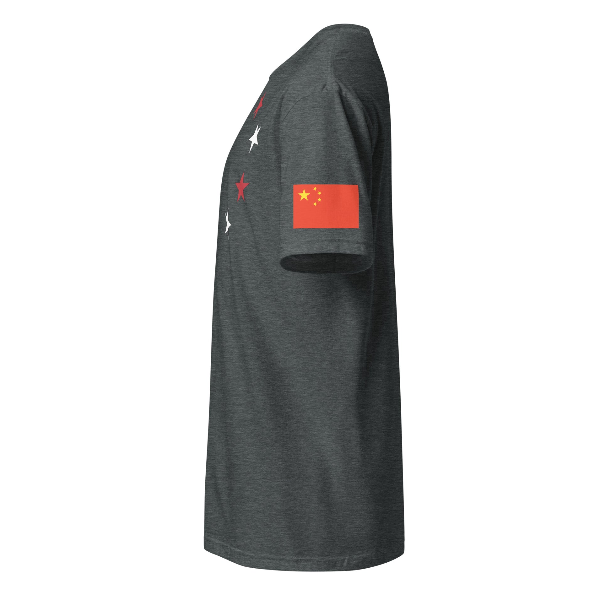 Chinese American dark grey heather t-shirt stars forward left sleeve Chinese flag