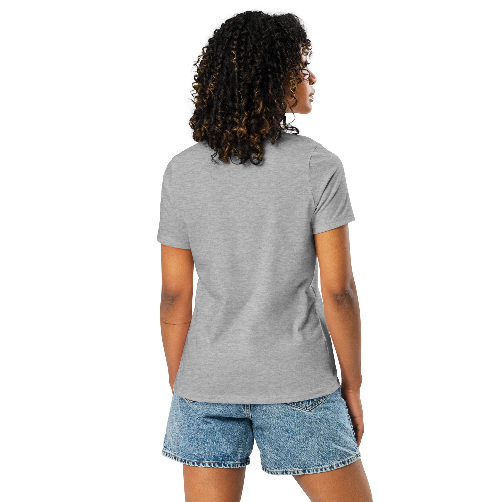 Chinese American light grey heather womens relaxed fit t-shirt model back