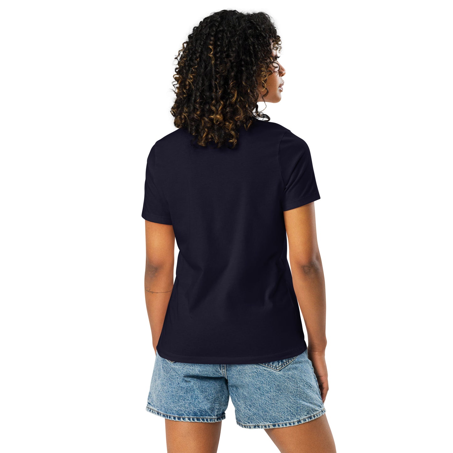 Chinese American navy blue womens relaxed fit t-shirt model back