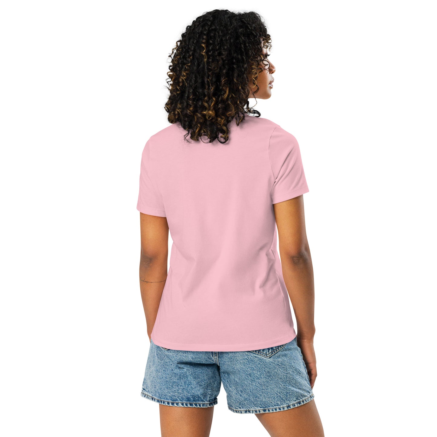 Chinese American pink womens relaxed fit t-shirt model back