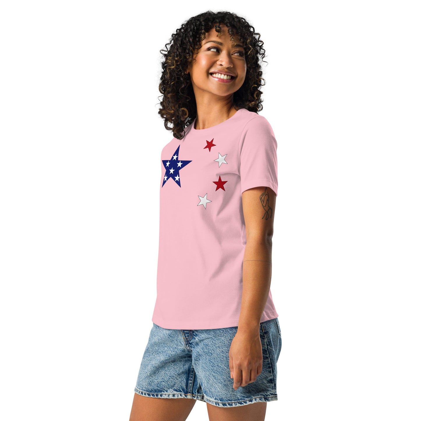 Chinese American pink womens relaxed fit t-shirt model left