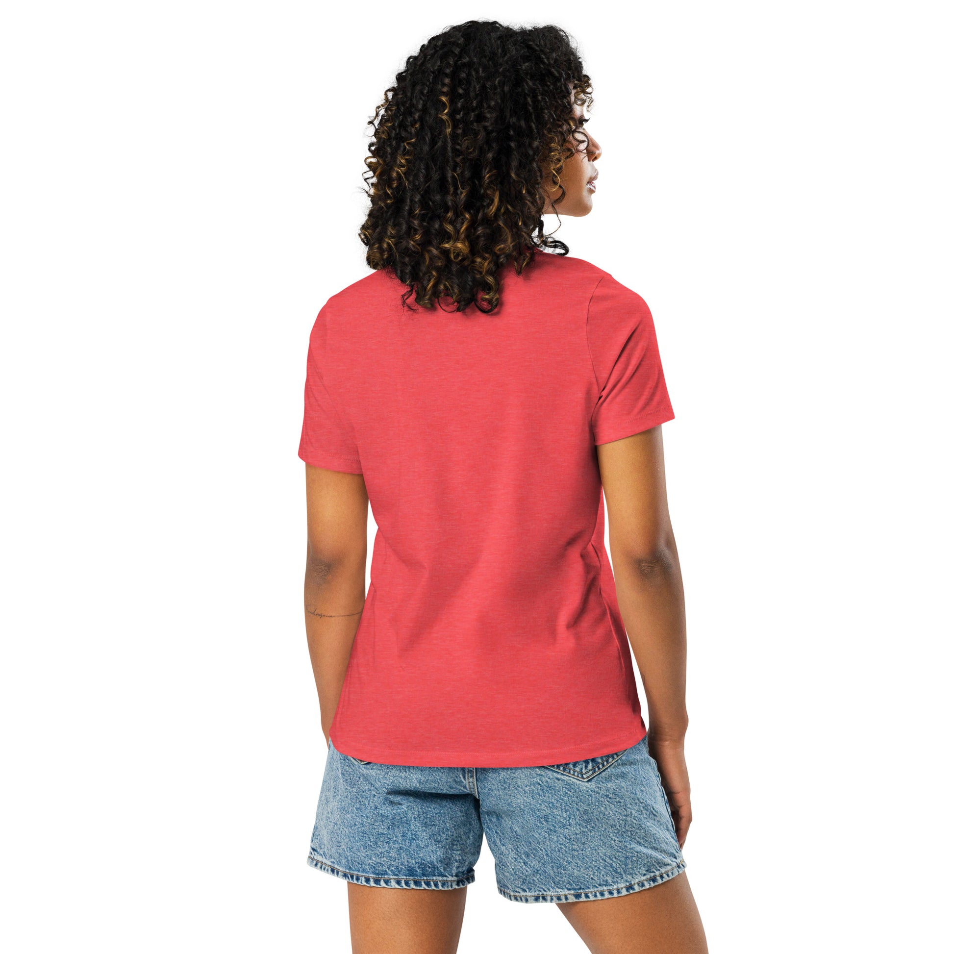 Chinese American red heather womens relaxed fit t-shirt model back