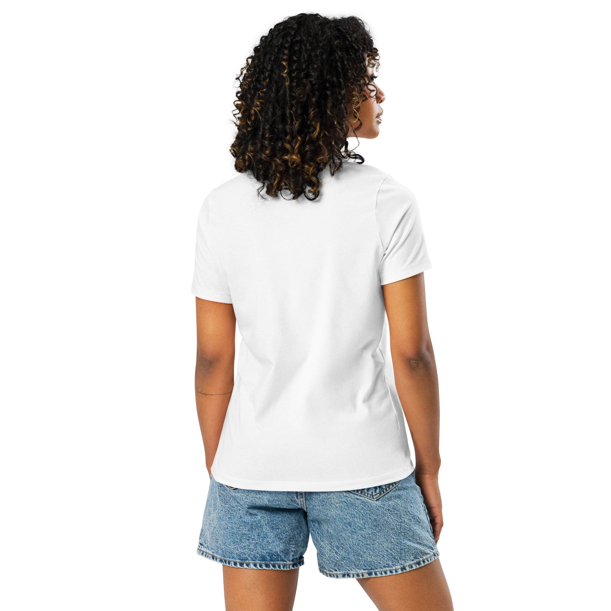 Chinese American white womens relaxed fit t-shirt model back