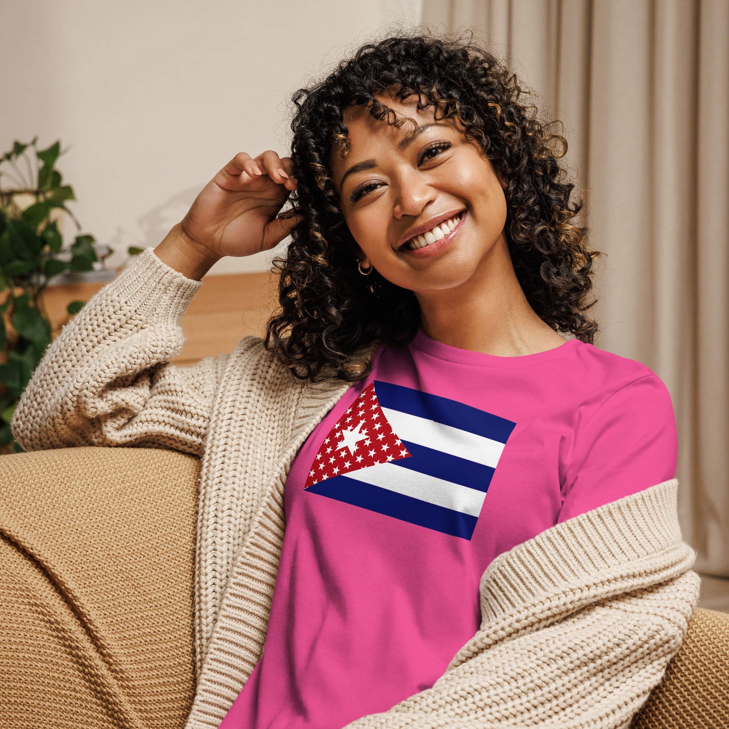 Cuban American berry pink blue womens relaxed fit t-shirt-model front