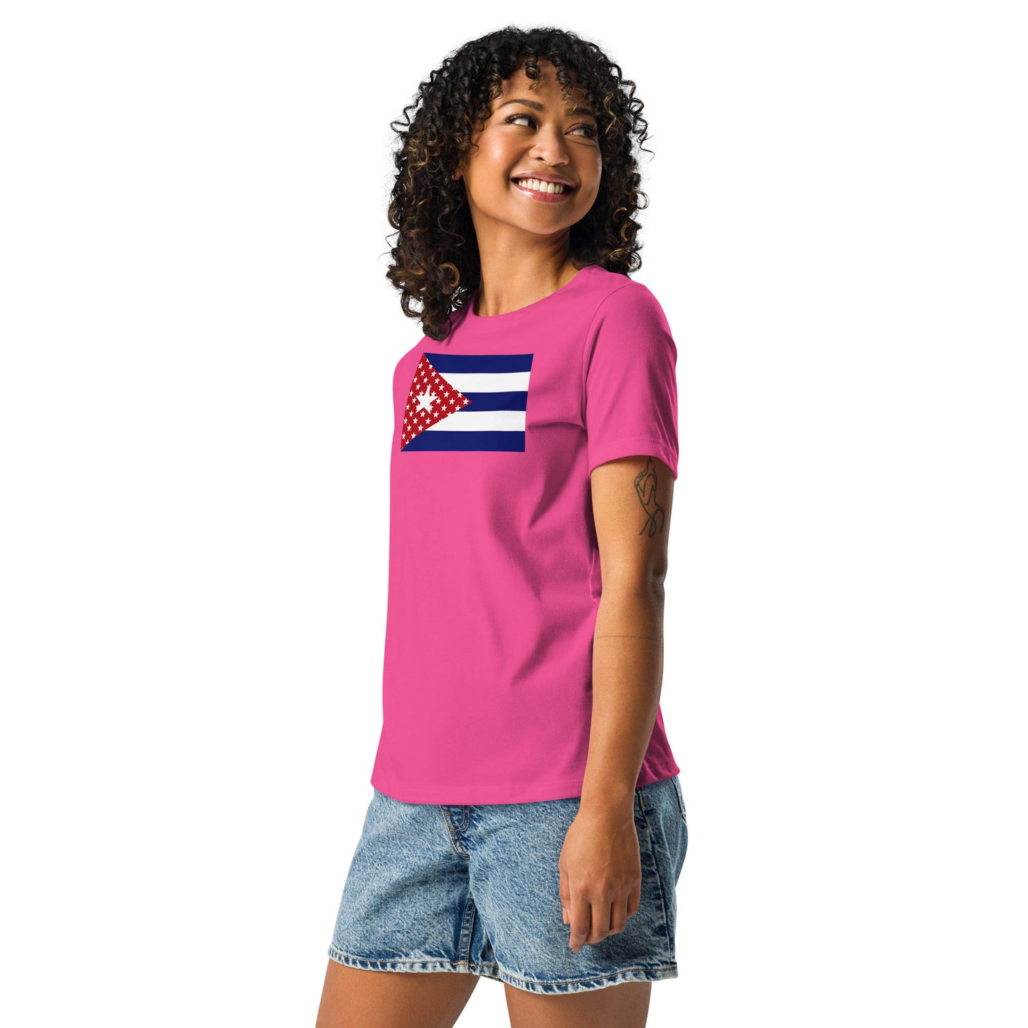 Cuban American berry pink blue womens relaxed fit t-shirt-model left