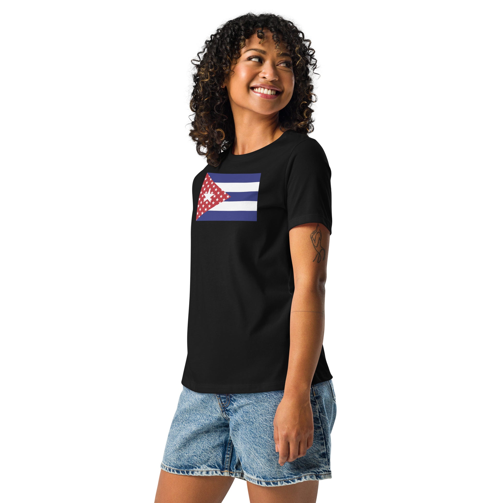 Cuban American black womens relaxed fit t-shirt model left