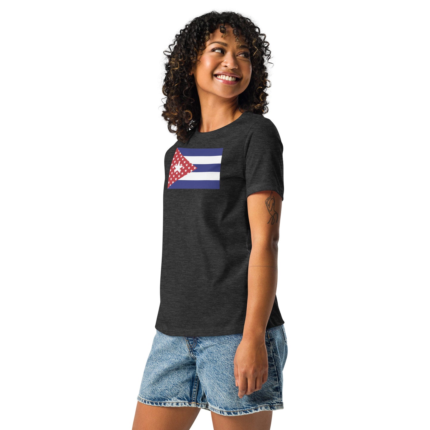 Cuban American dark grey heather womens relaxed fit t-shirt model left