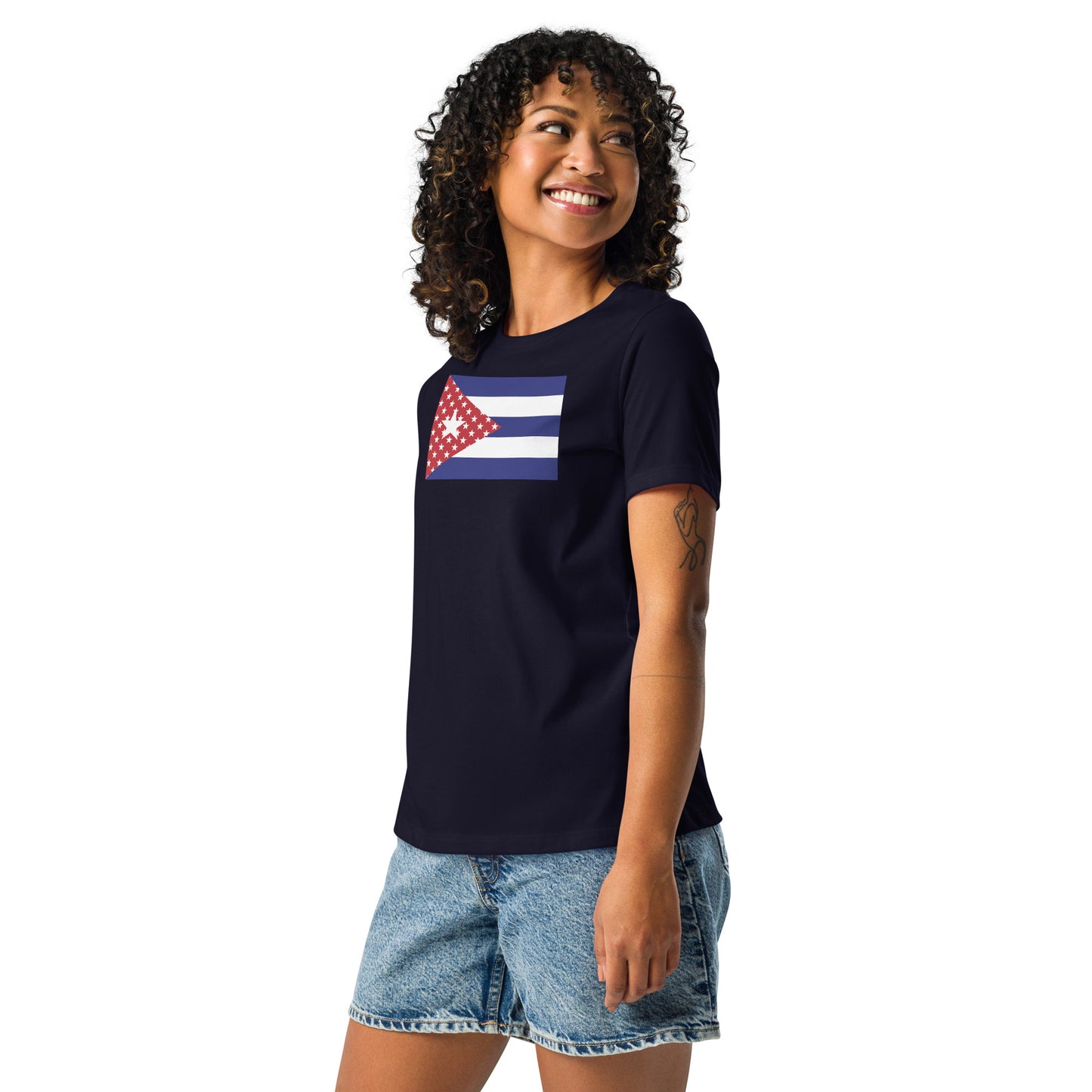 Cuban American navy blue womens relaxed fit t-shirt model left