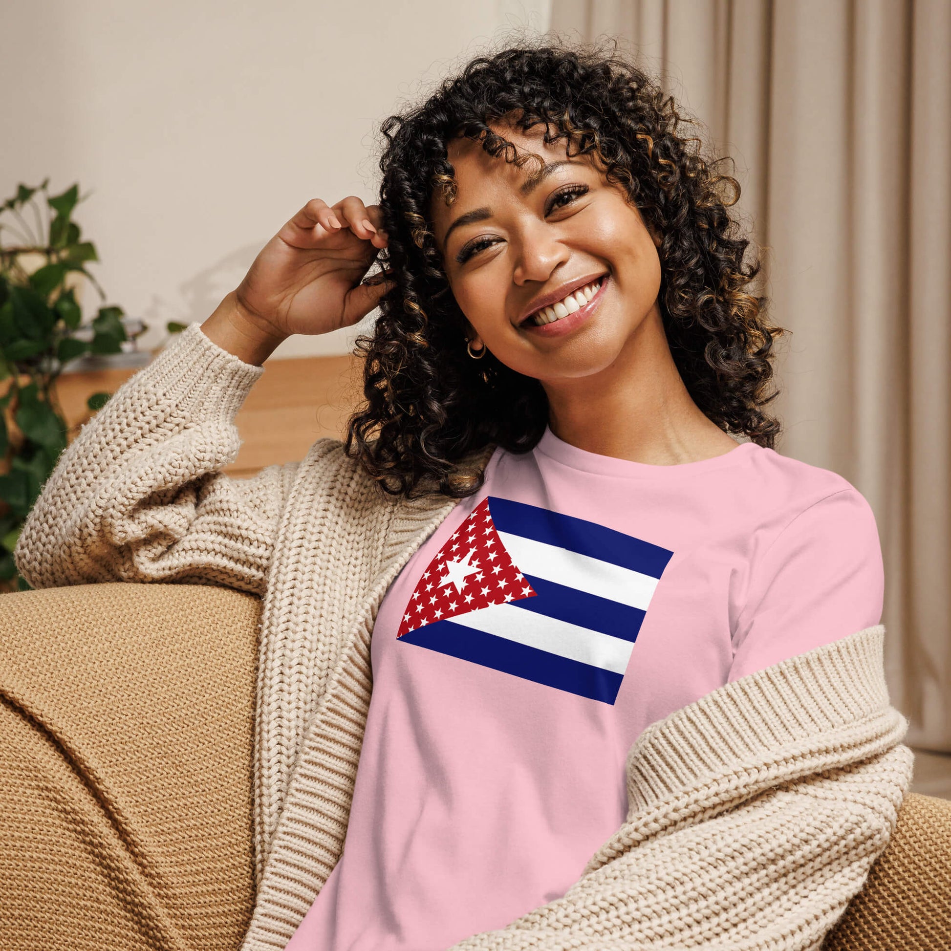 Cuban American pink womens relaxed fit t-shirt model front