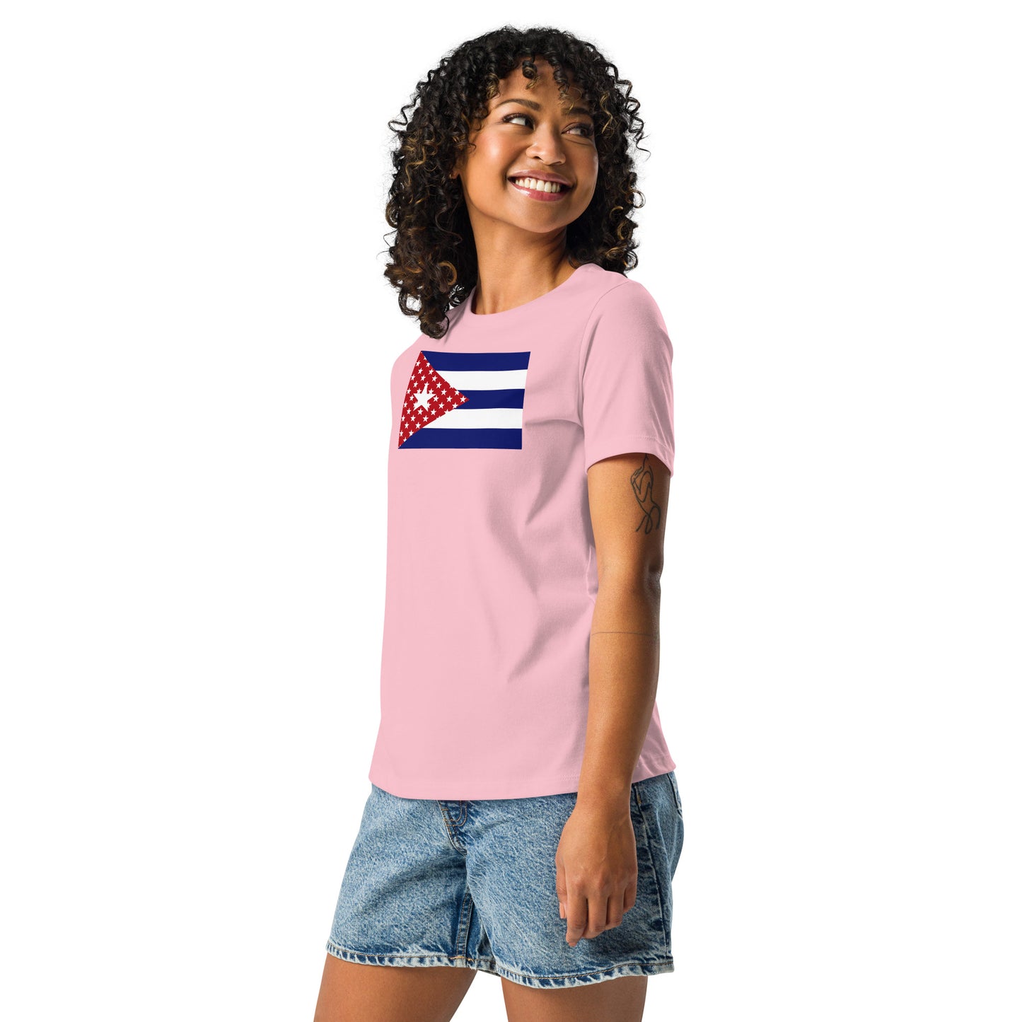 Cuban American pink womens relaxed fit t-shirt model left