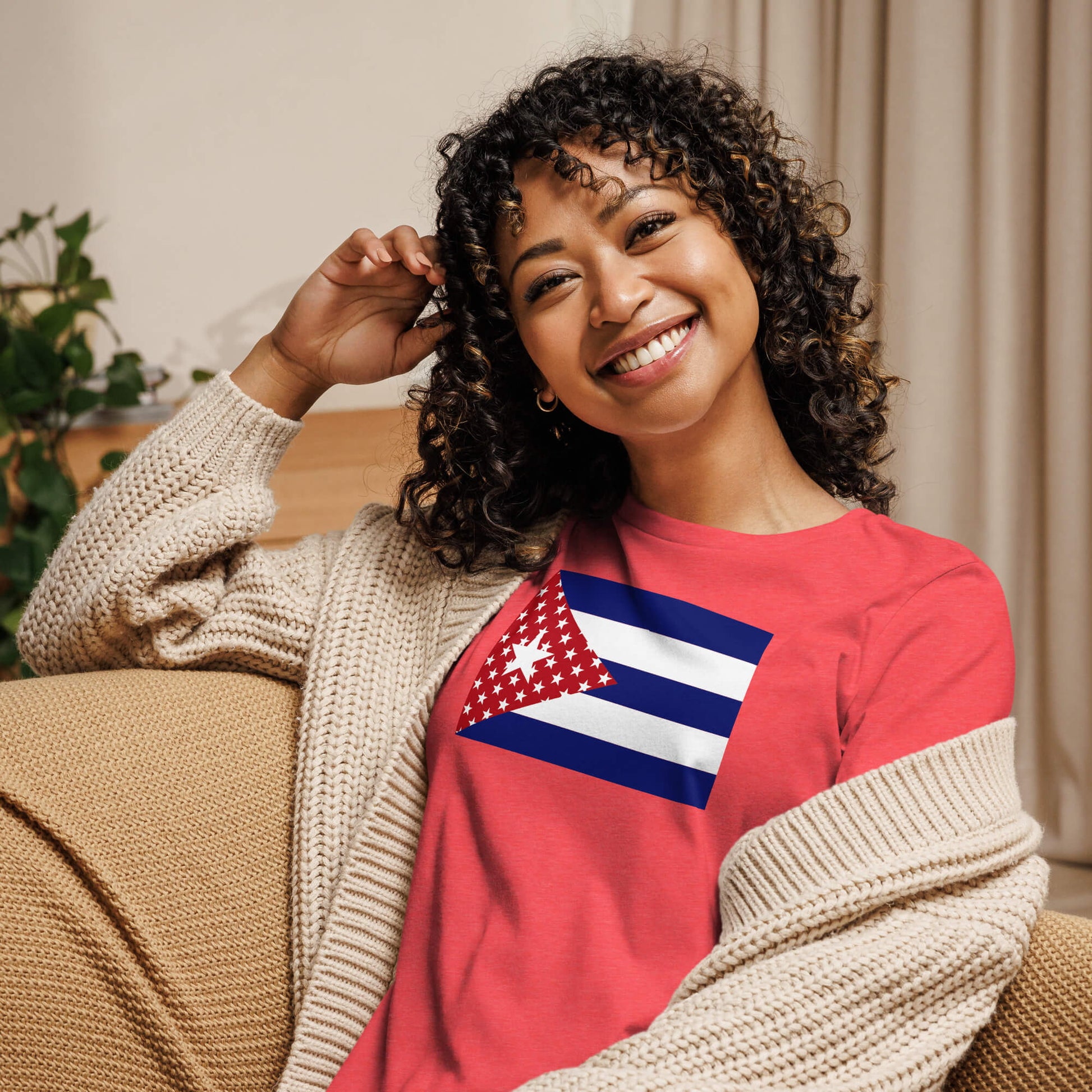 Cuban American red heather womens relaxed fit t-shirt model front