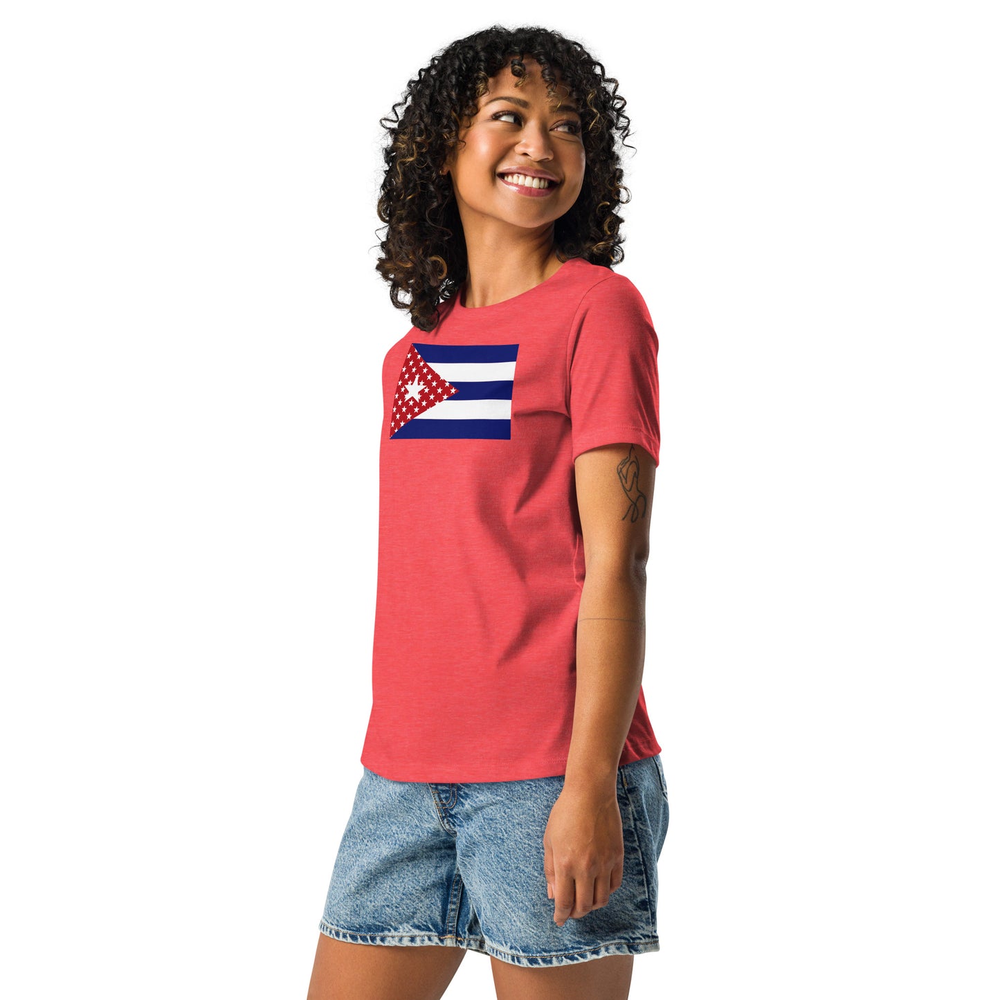 Cuban American red heather womens relaxed fit t-shirt model left