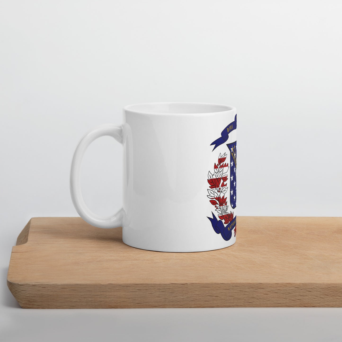 Dominican American 11oz white mug on wooden board