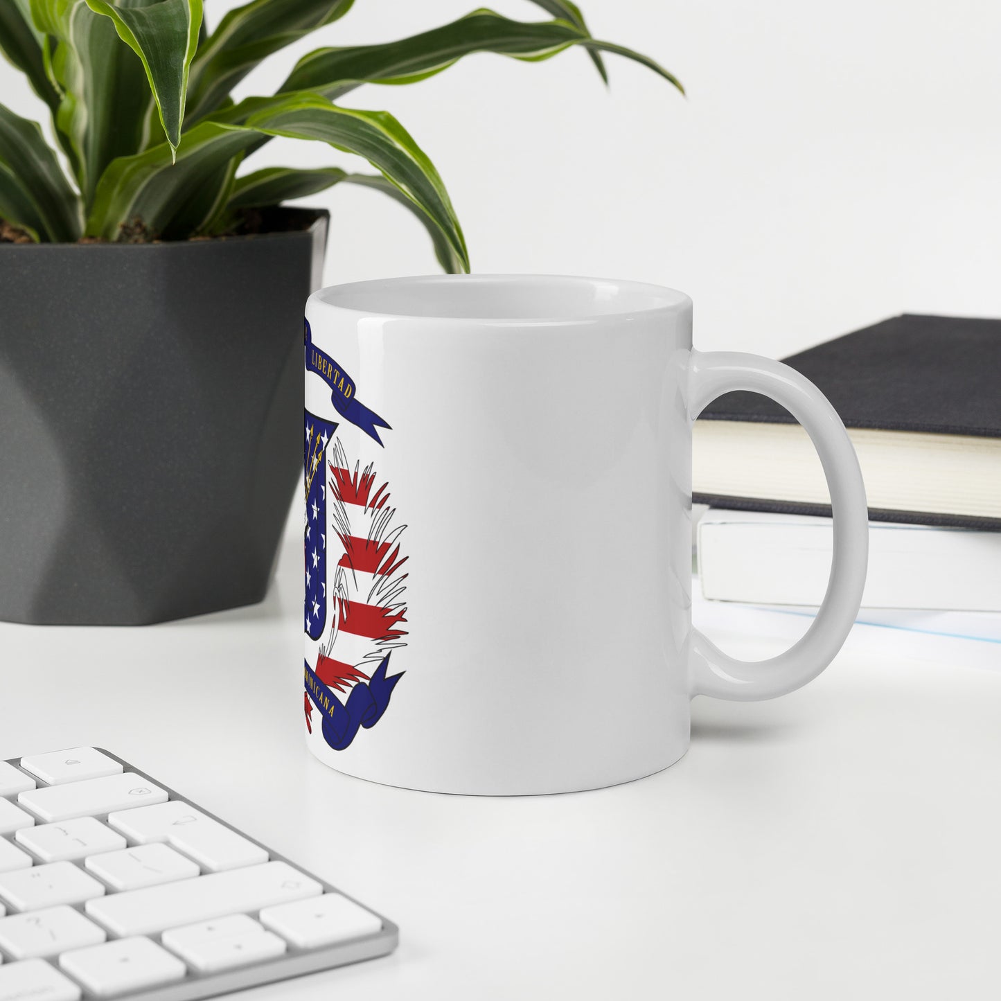 Dominican American 11oz white mug in office space