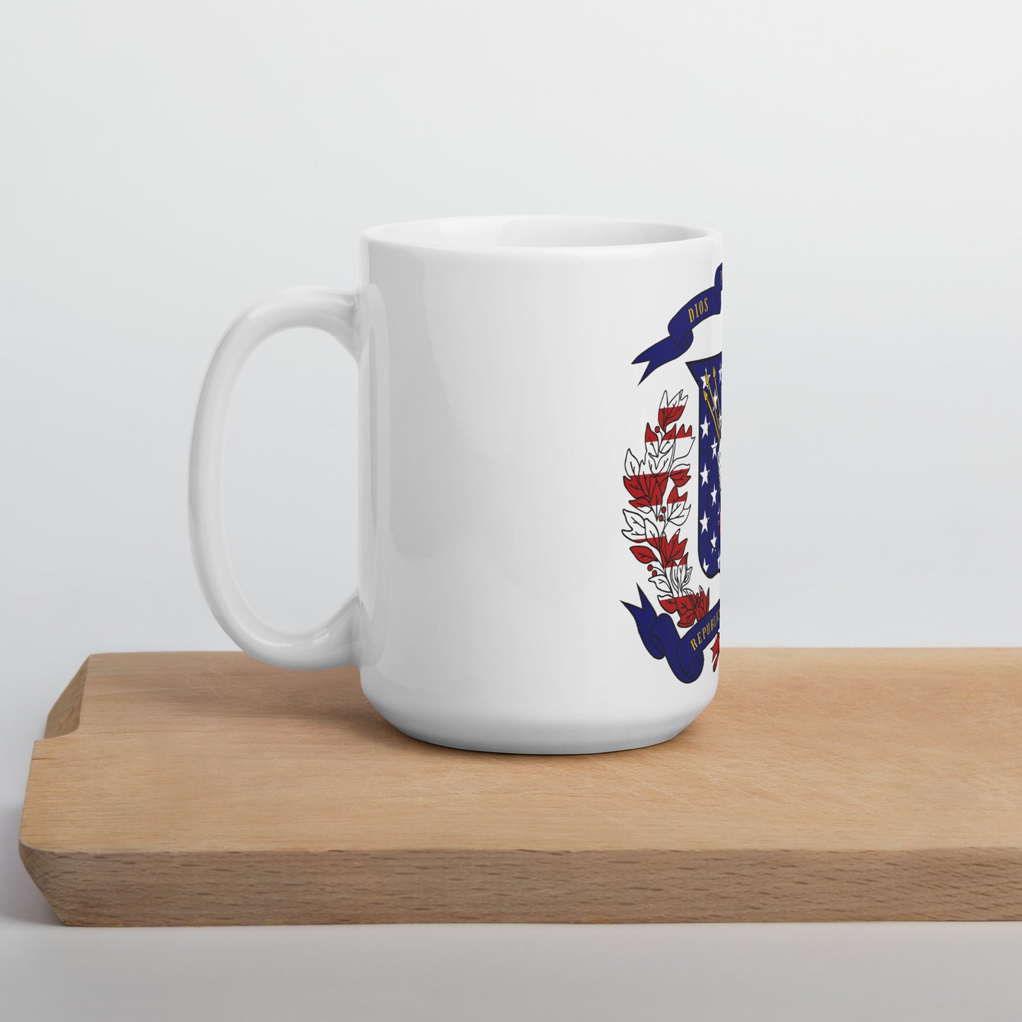 Dominican American 15oz white mug on wooden board