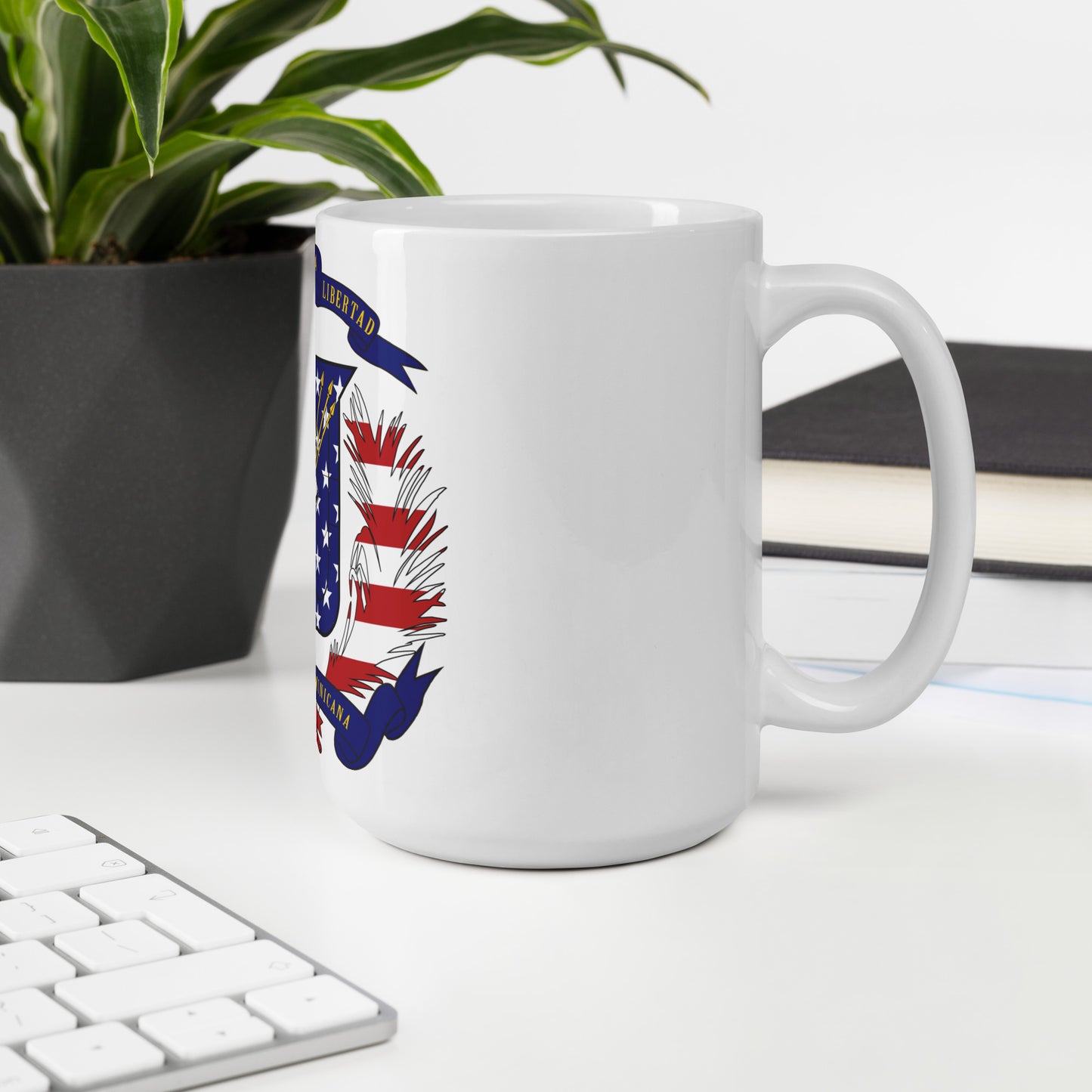 Dominican American 15oz white mug in office space