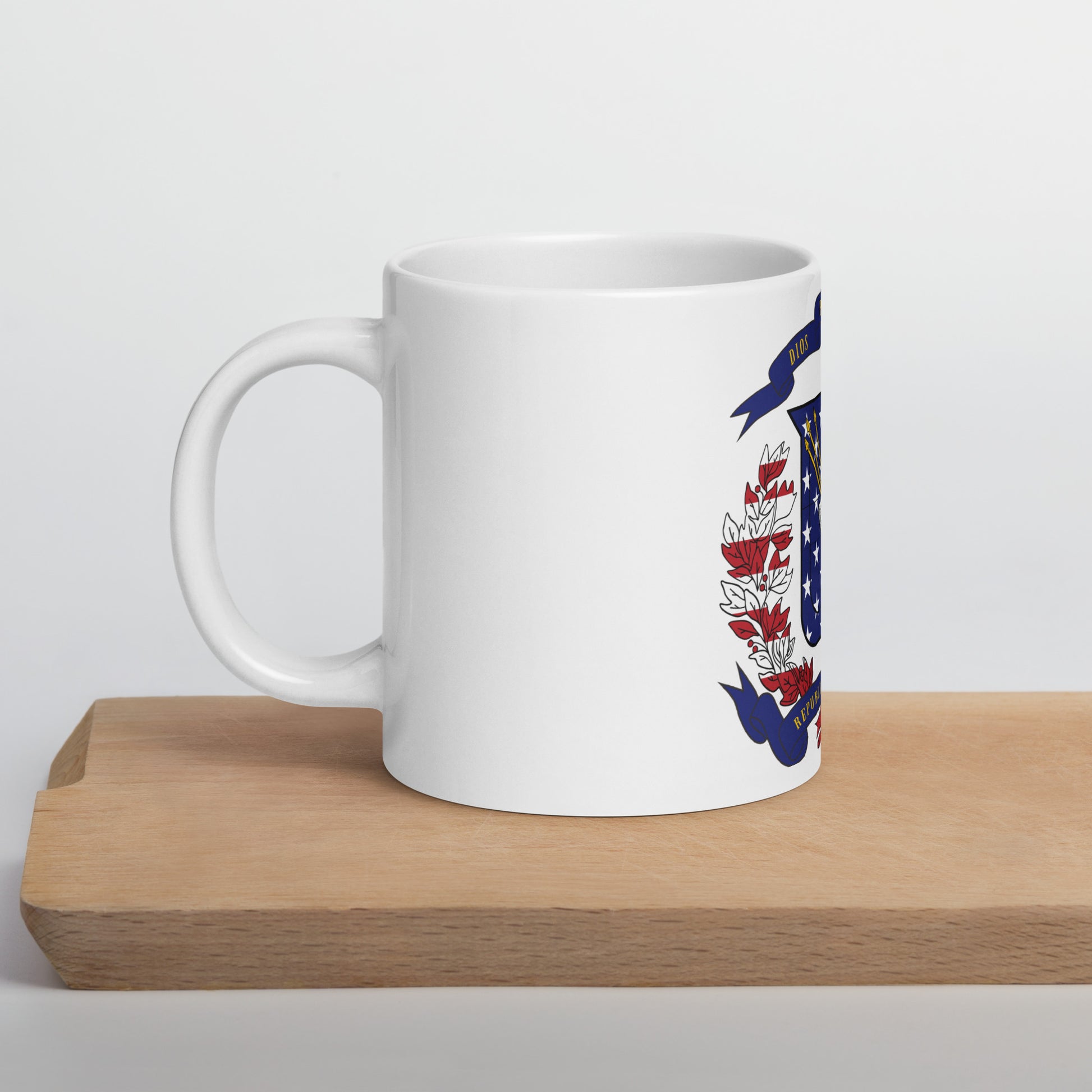 Dominican American 20oz white mug on wooden board