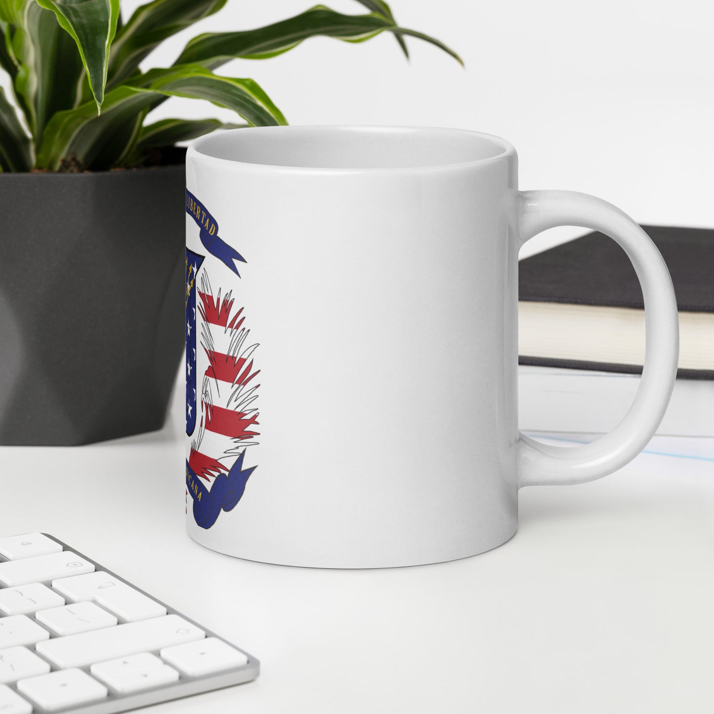 Dominican American 20oz white mug in office space