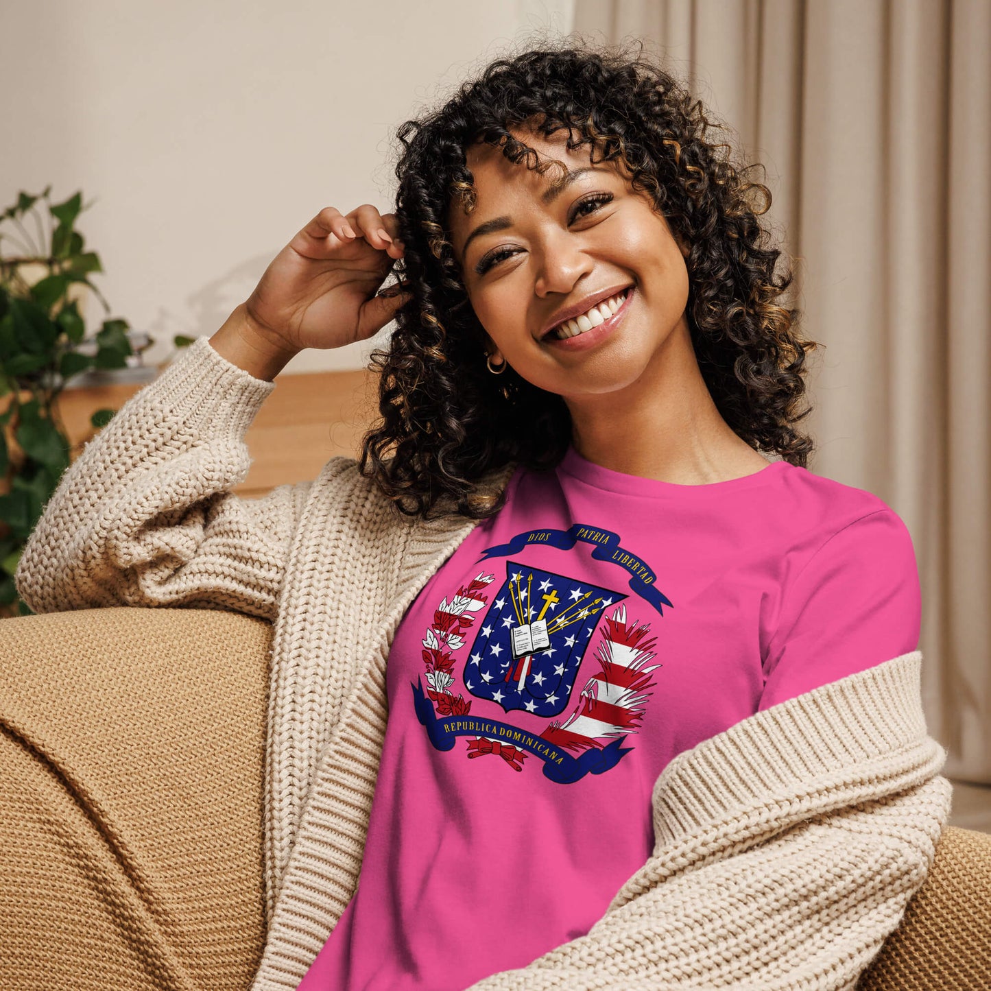 Dominican American berry pink blue womens relaxed fit t-shirt-model front