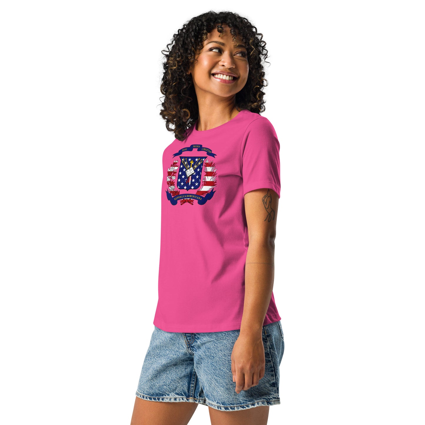 Dominican American berry pink blue womens relaxed fit t-shirt-model left