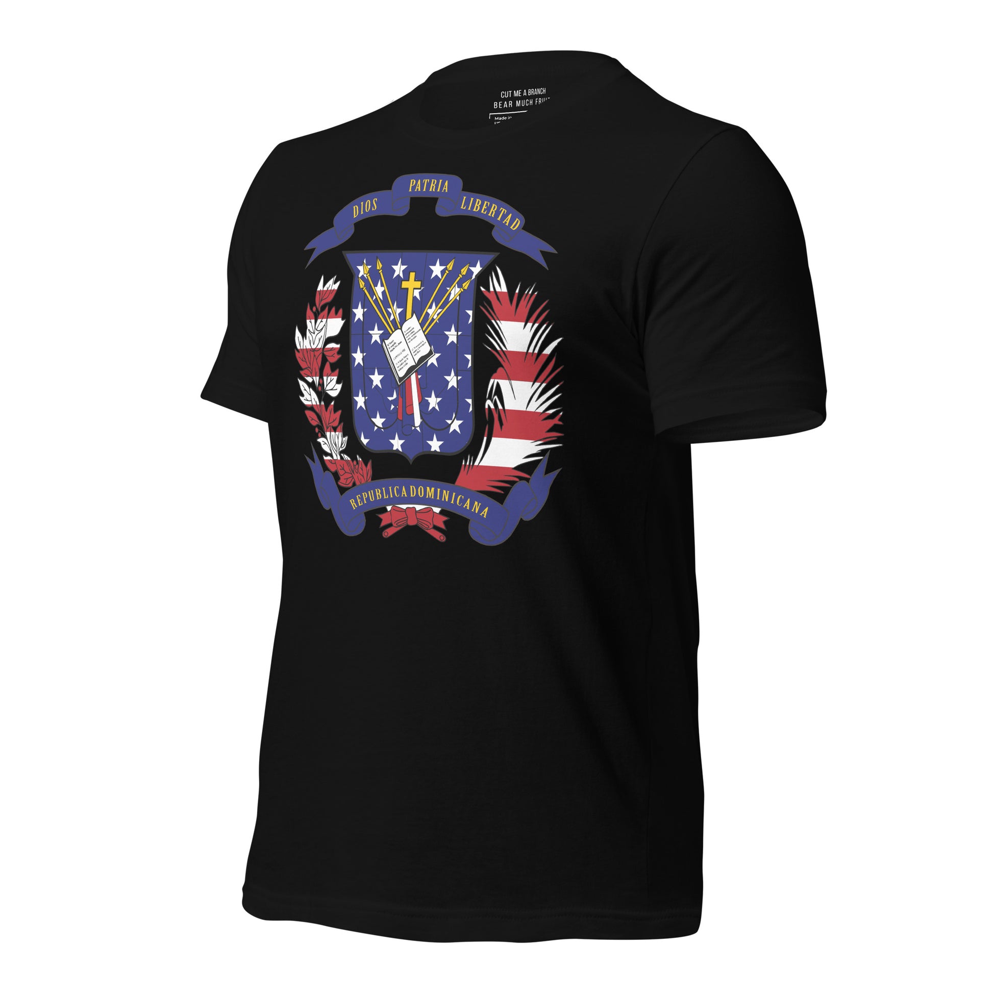 Dominican American black t-shirt made in USA left front