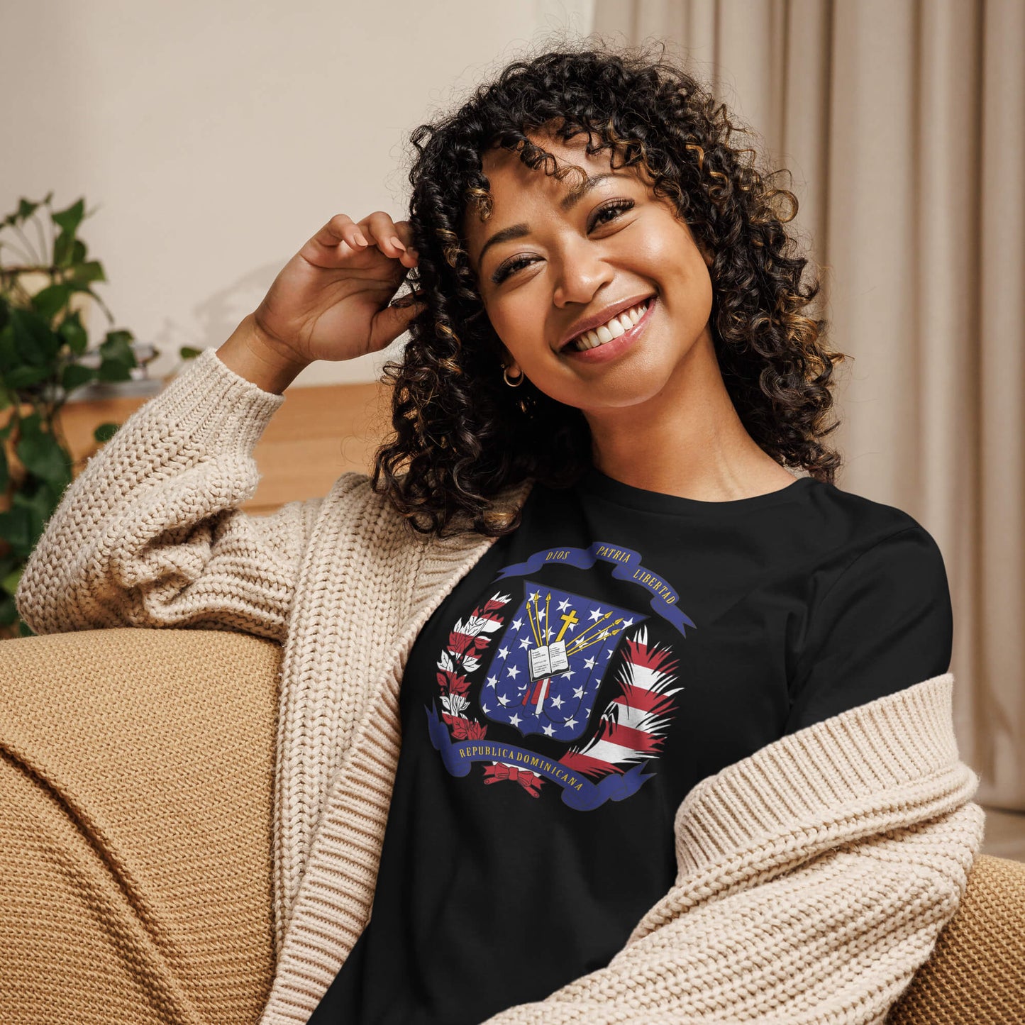 Dominican American black womens relaxed fit t-shirt model front