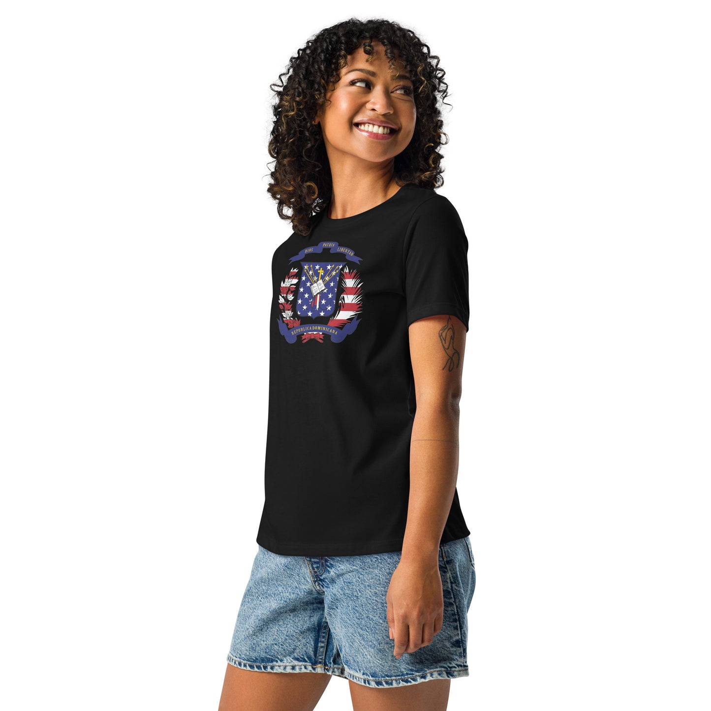 Dominican American black womens relaxed fit t-shirt model left