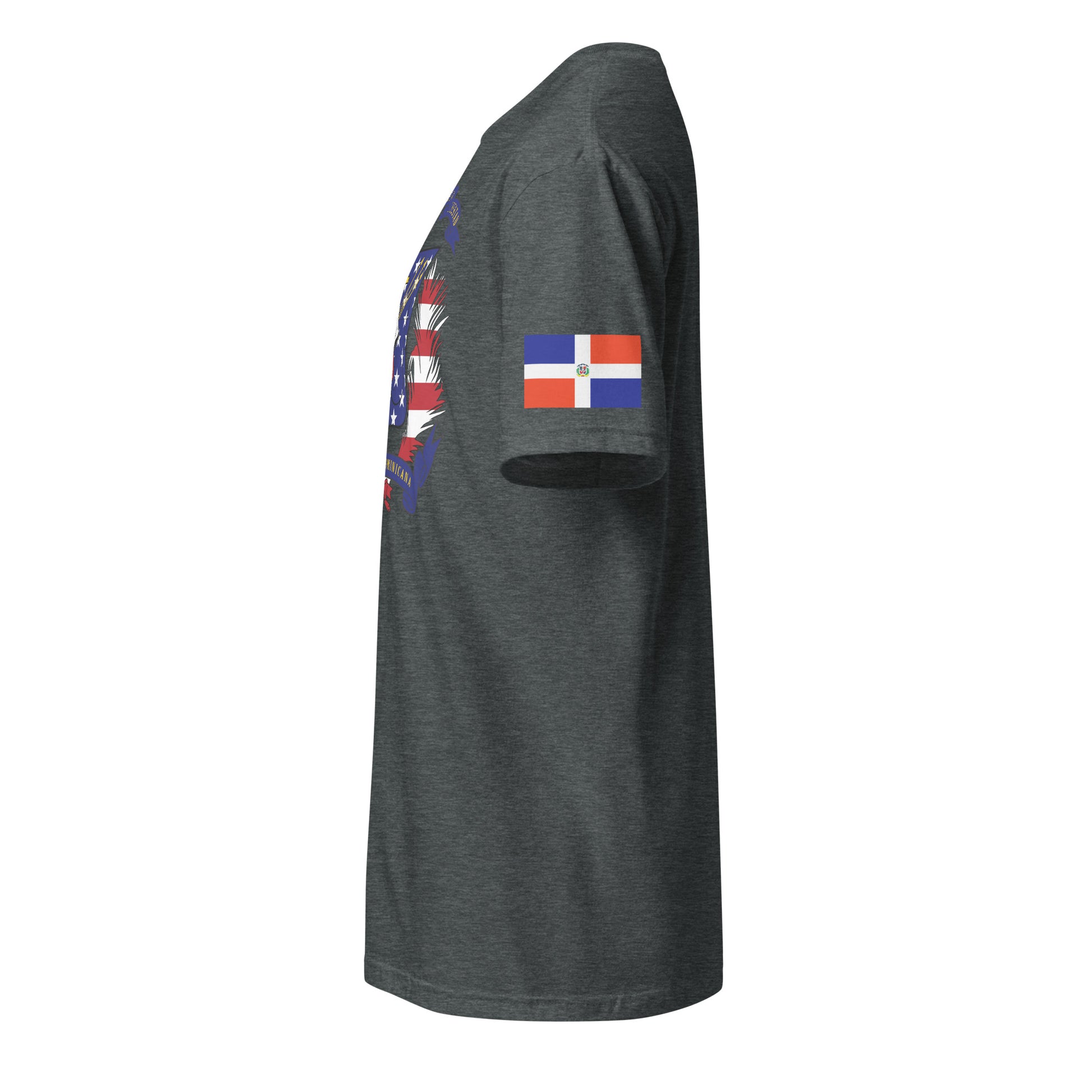 Dominican American dark grey heather t-shirt stars forward left sleeve Dominican Republic flag