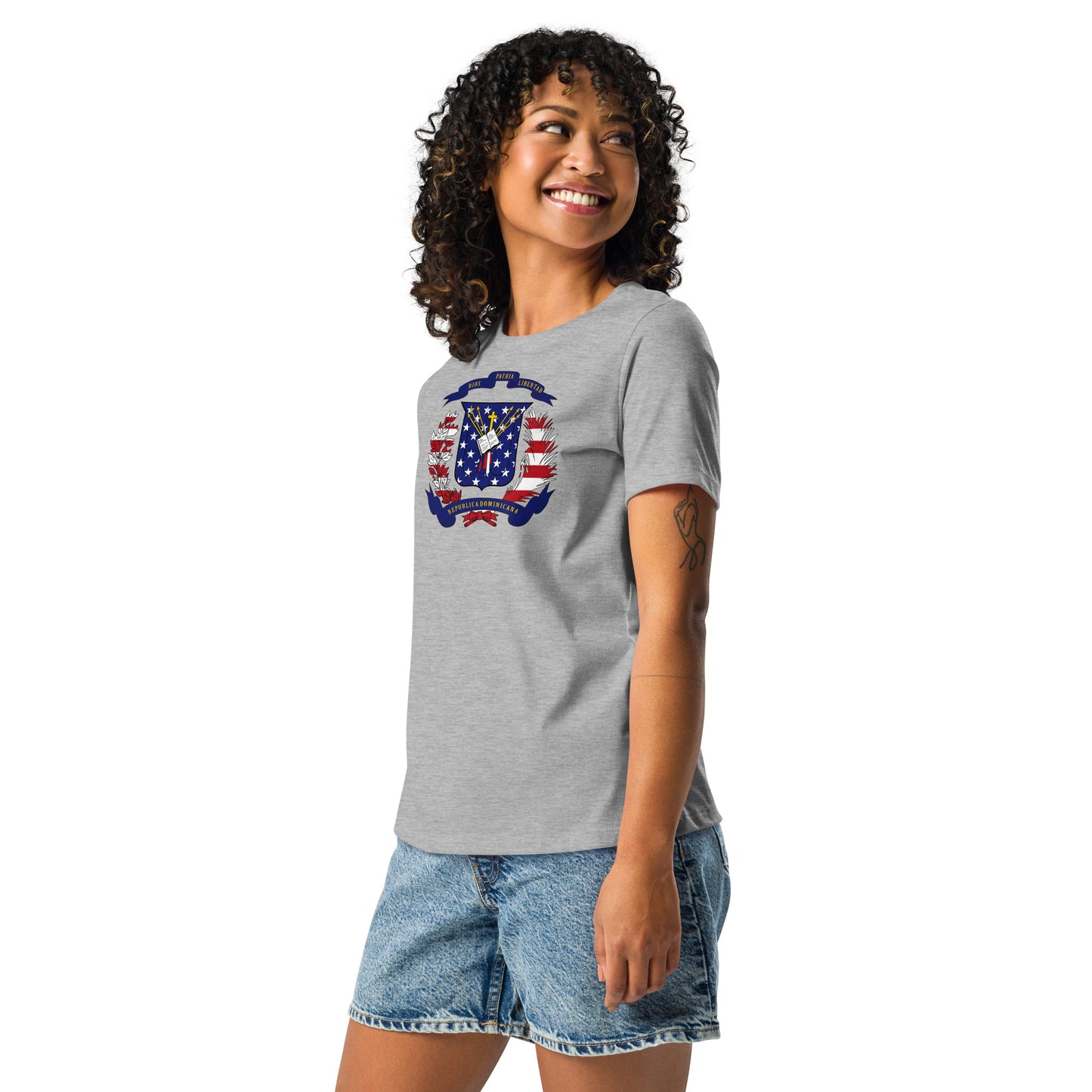 Dominican American light grey heather womens relaxed fit t-shirt model left