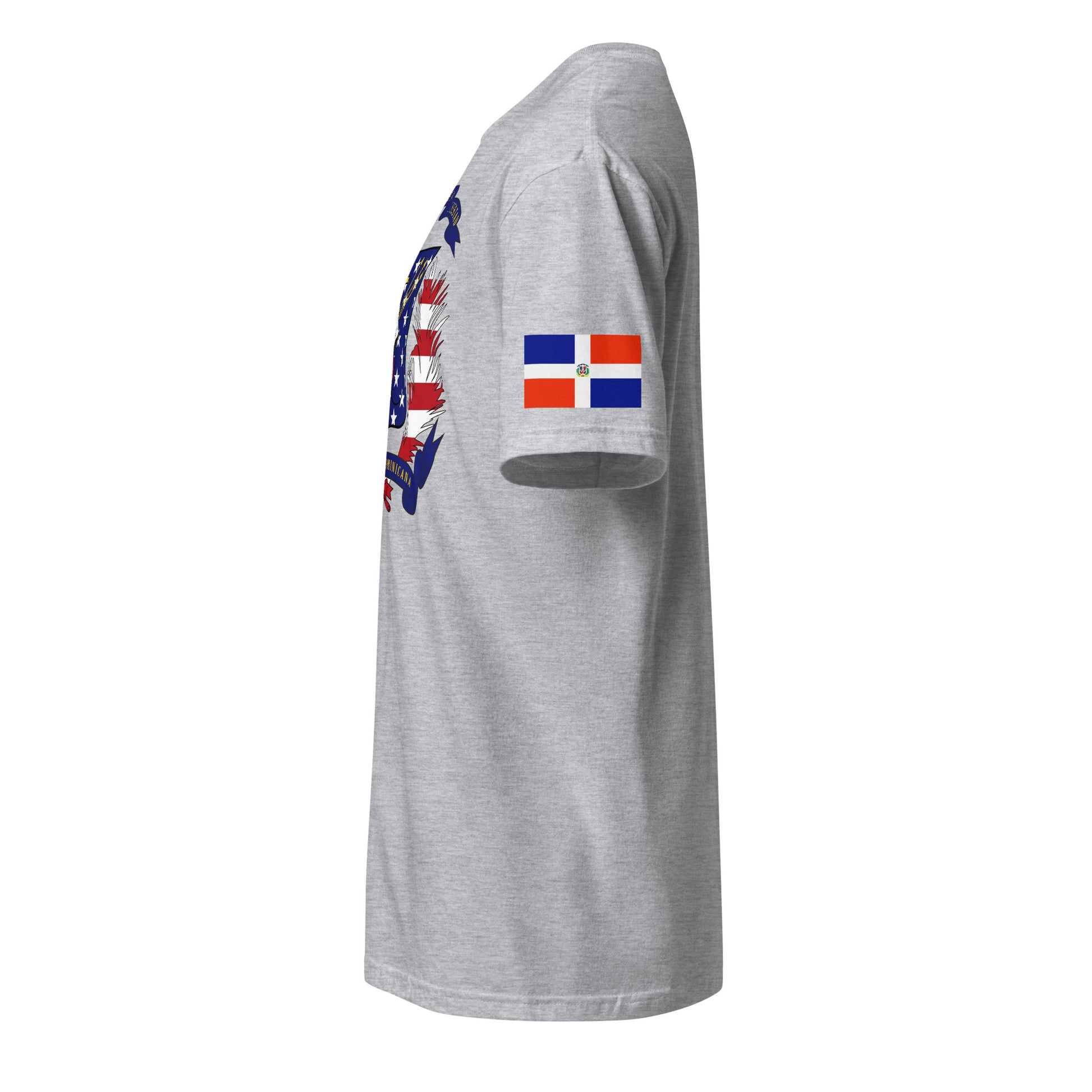 Dominican American light grey t-shirt stars forward left sleeve Dominican Republic flag