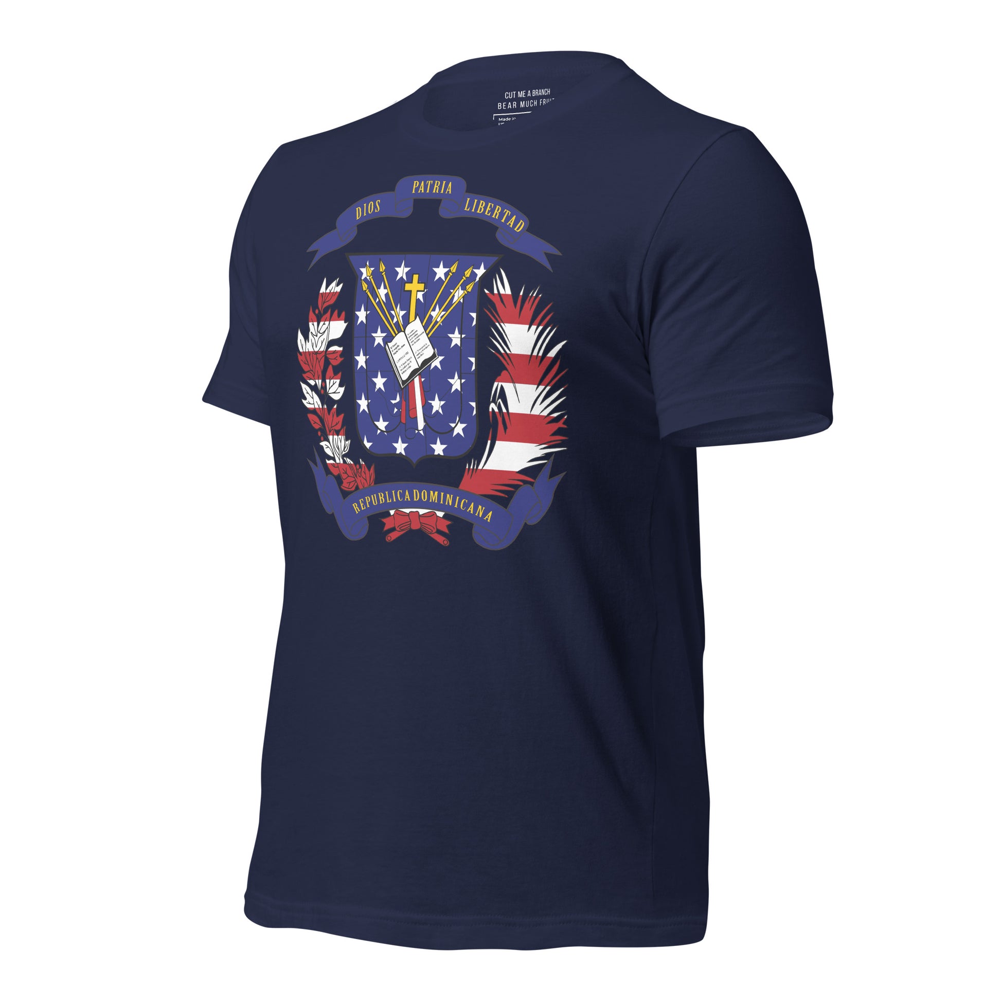 Dominican American navy blue t-shirt made in USA left front