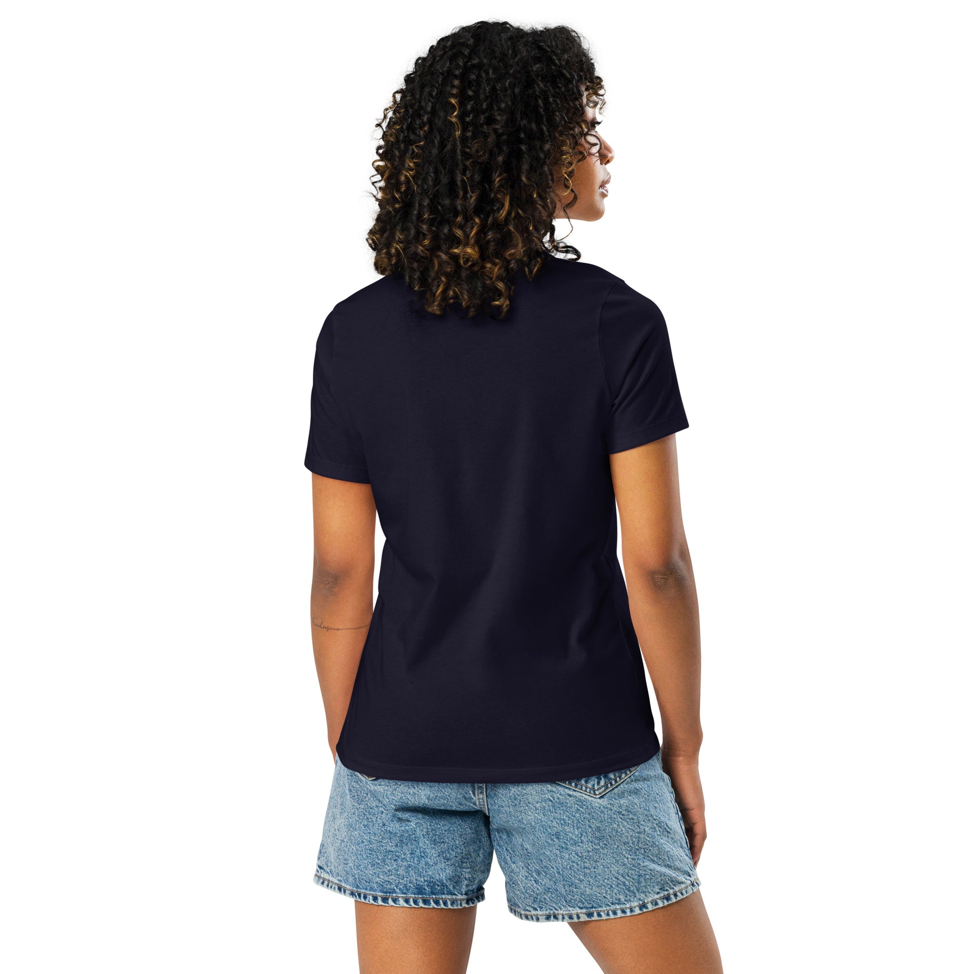 Dominican American navy blue womens relaxed fit t-shirt model back