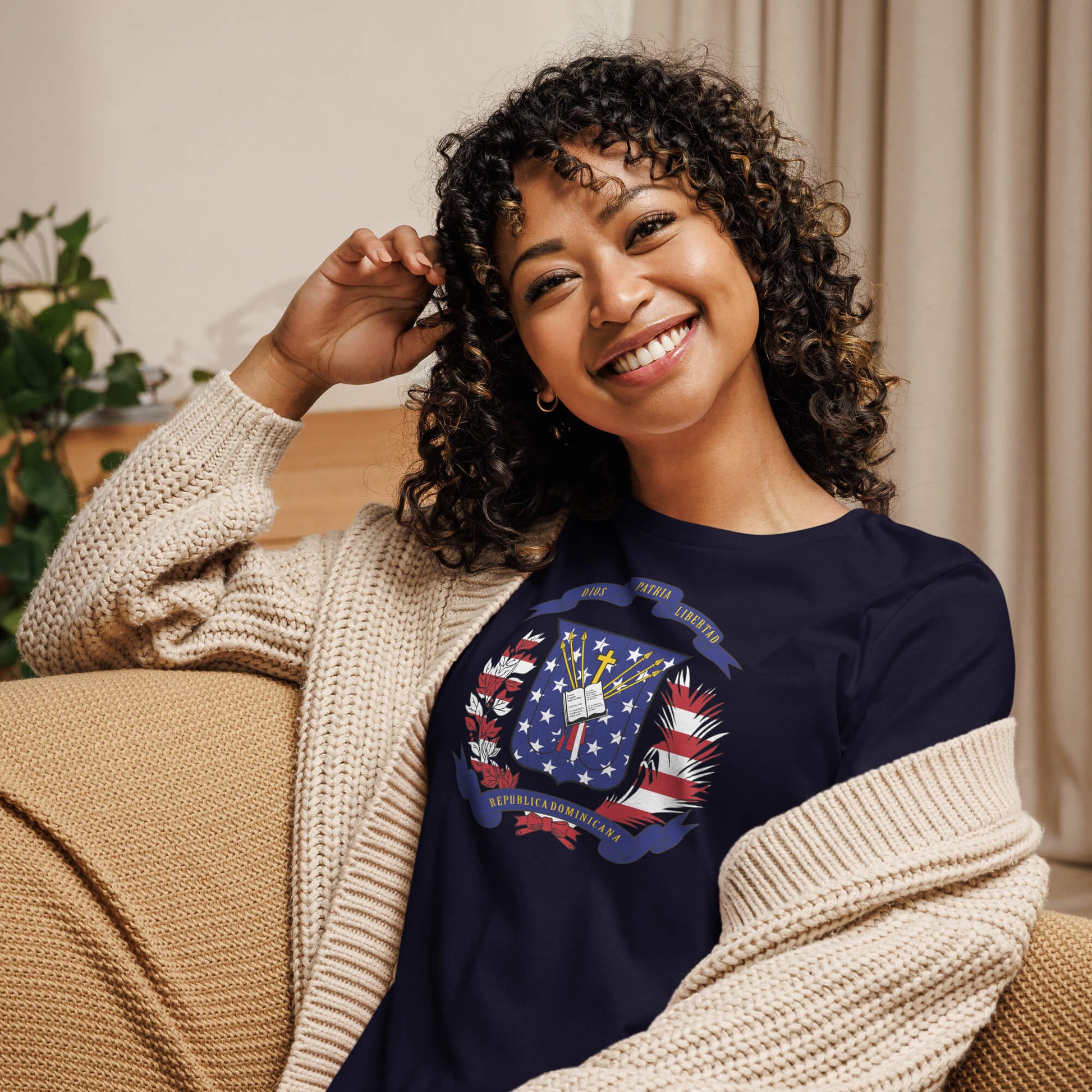 Dominican American navy blue womens relaxed fit t-shirt model front