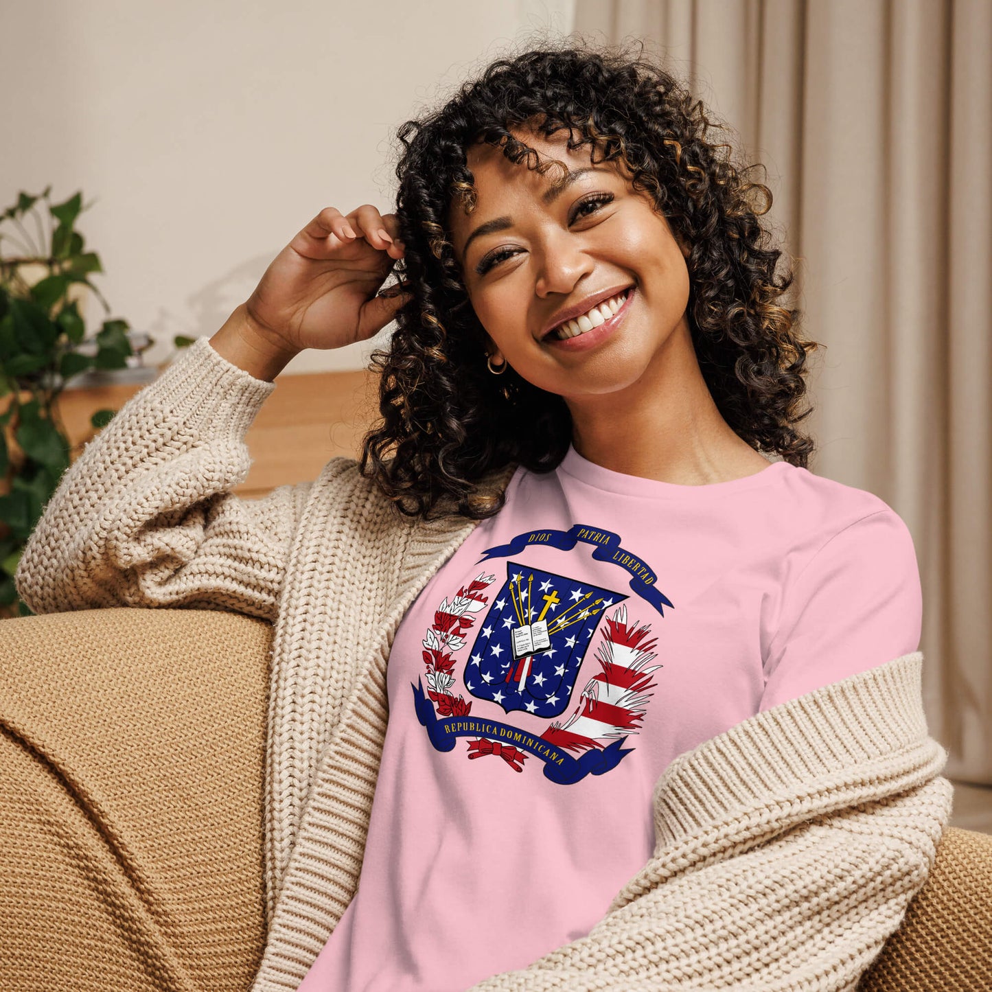 Dominican American pink womens relaxed fit t-shirt model front