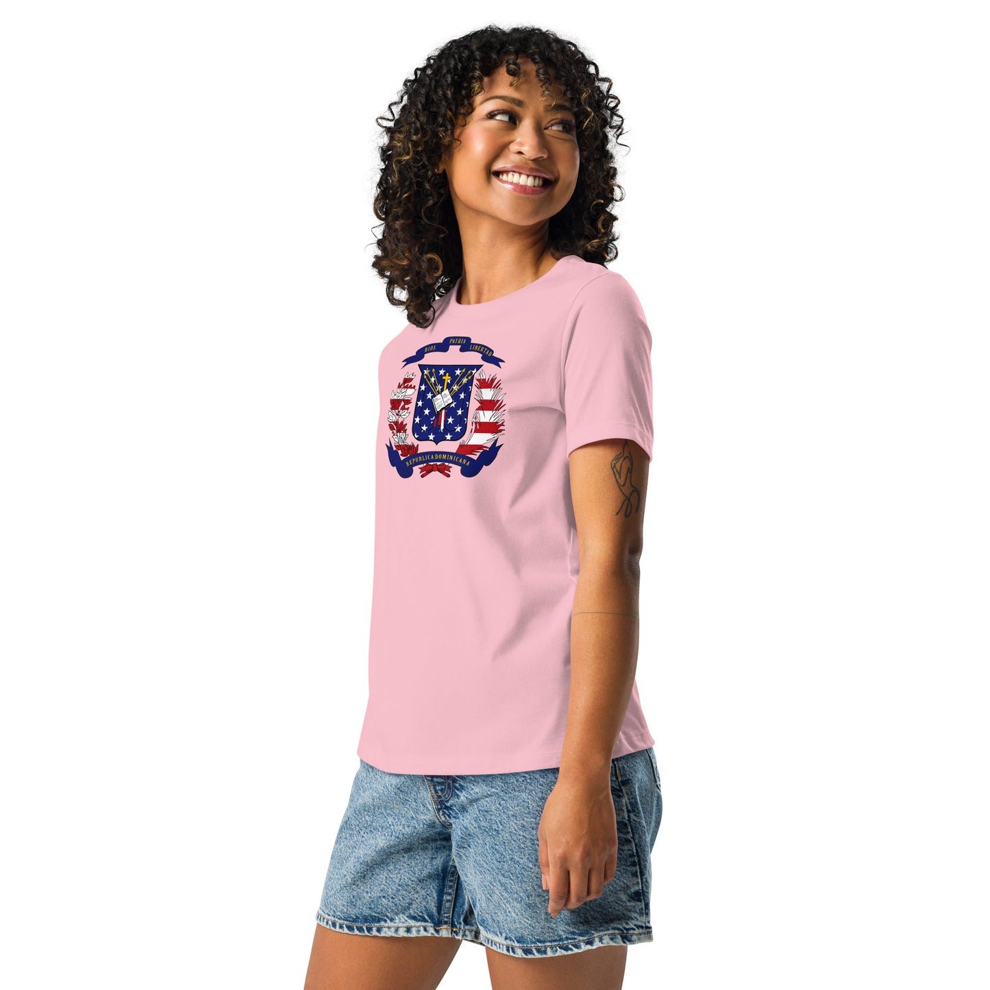 Dominican American pink womens relaxed fit t-shirt model left