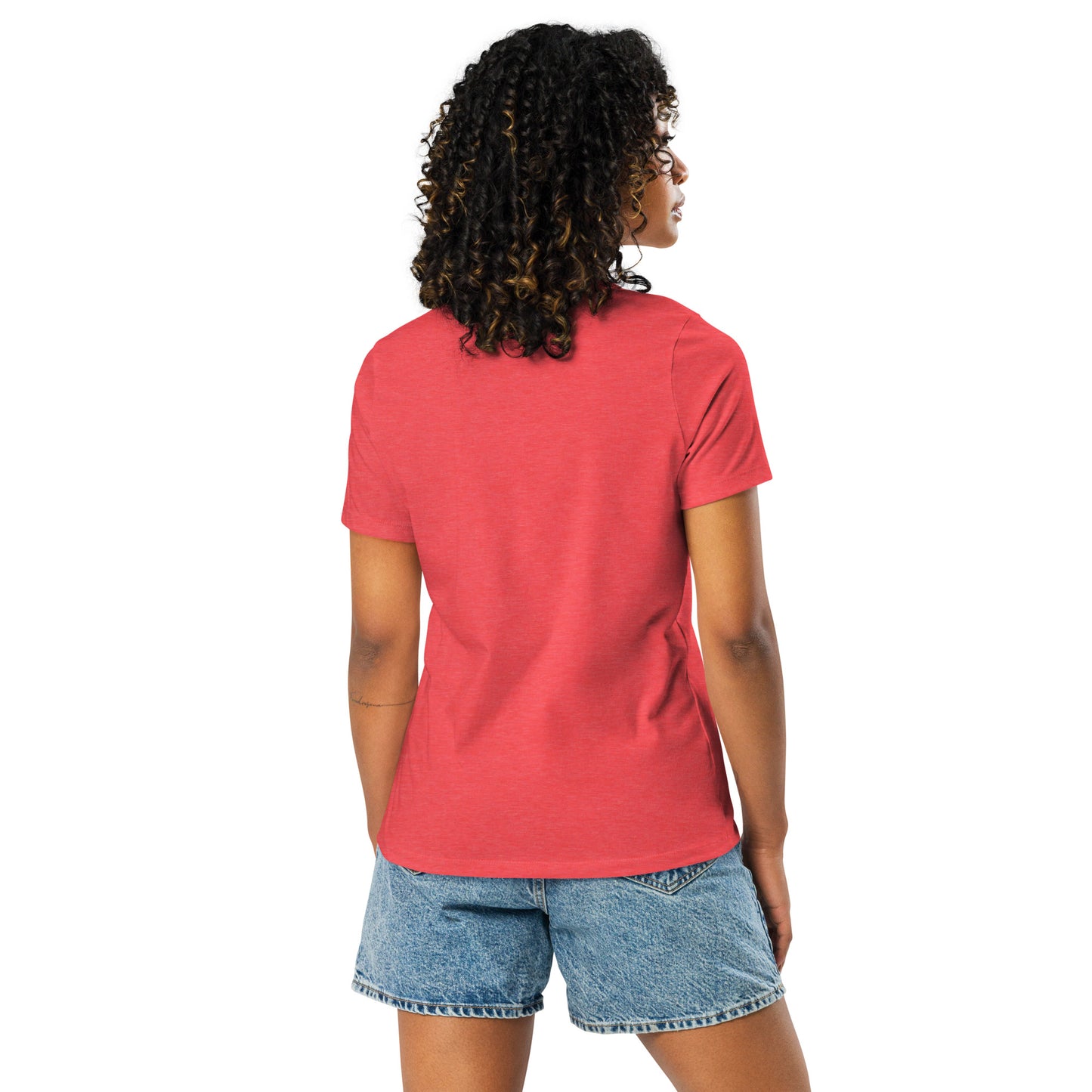 Dominican American red heather womens relaxed fit t-shirt model back