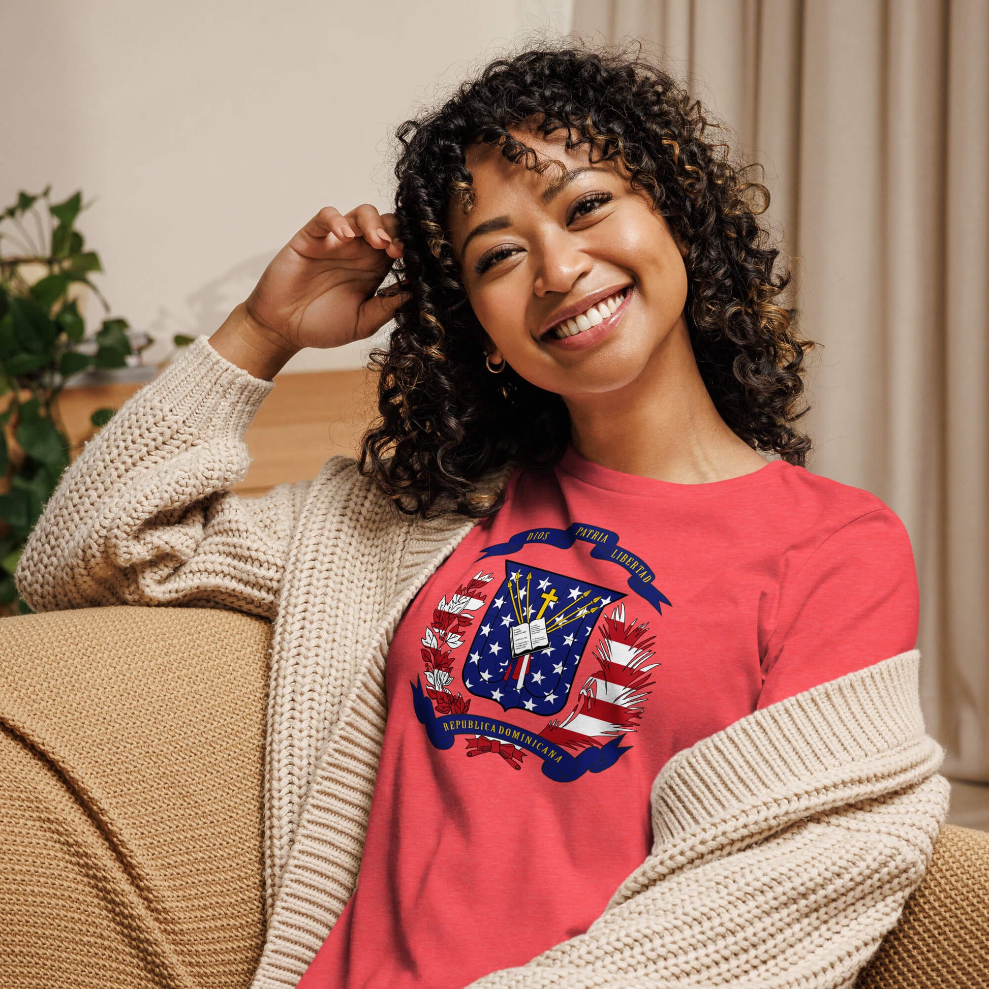 Dominican American red heather womens relaxed fit t-shirt model front