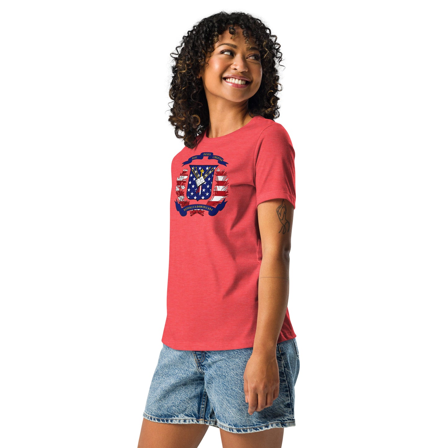 Dominican American red heather womens relaxed fit t-shirt model left