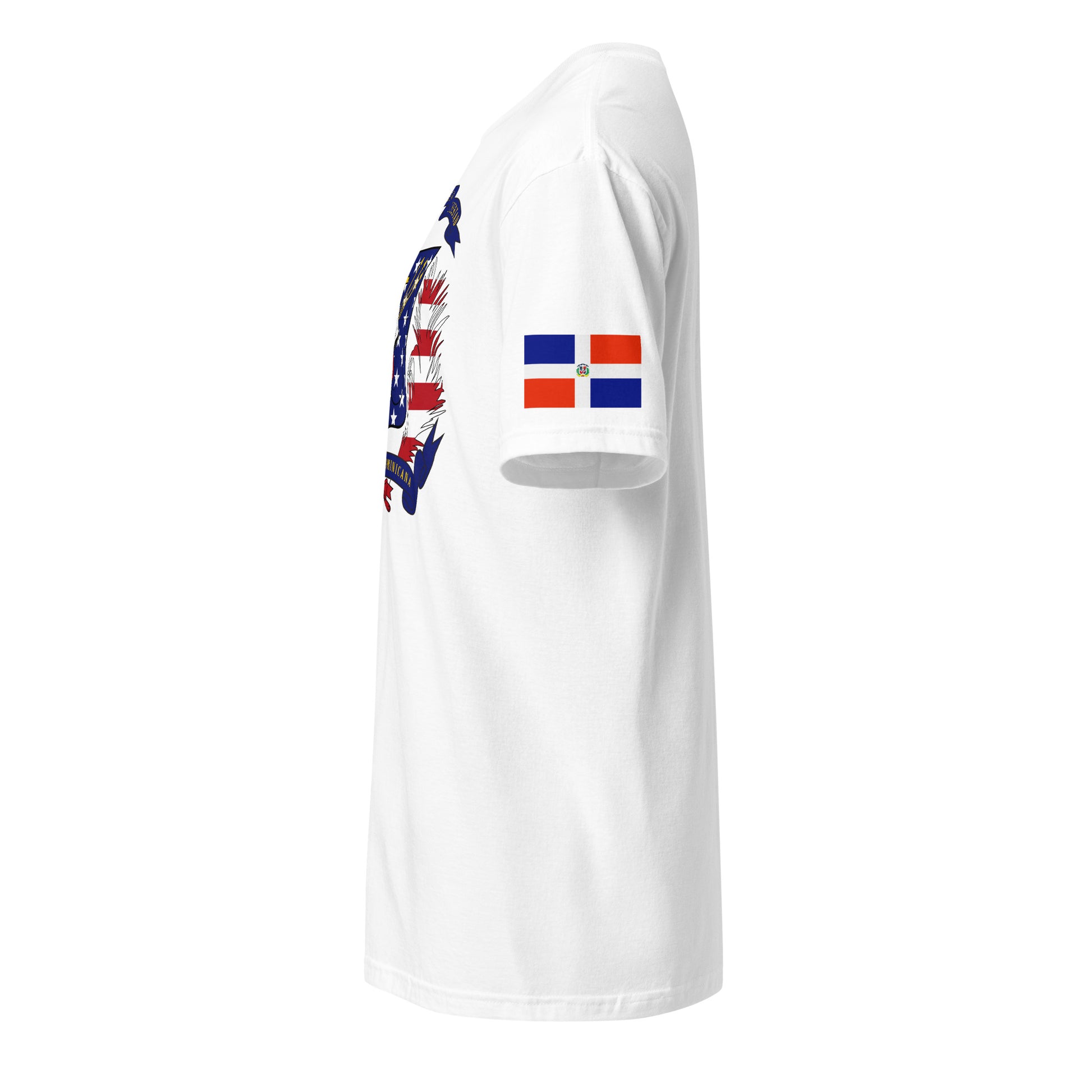 Dominican American white t-shirt stars forward left sleeve Dominican Republic flag