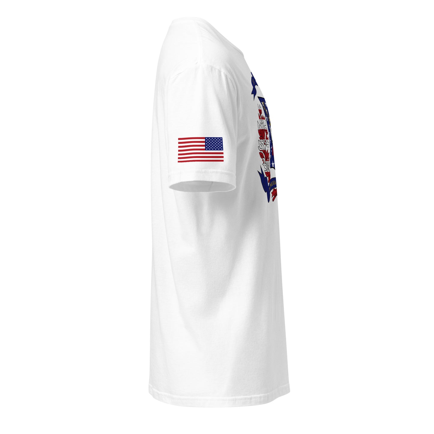 Dominican American white t-shirt stars forward right sleeve American flag