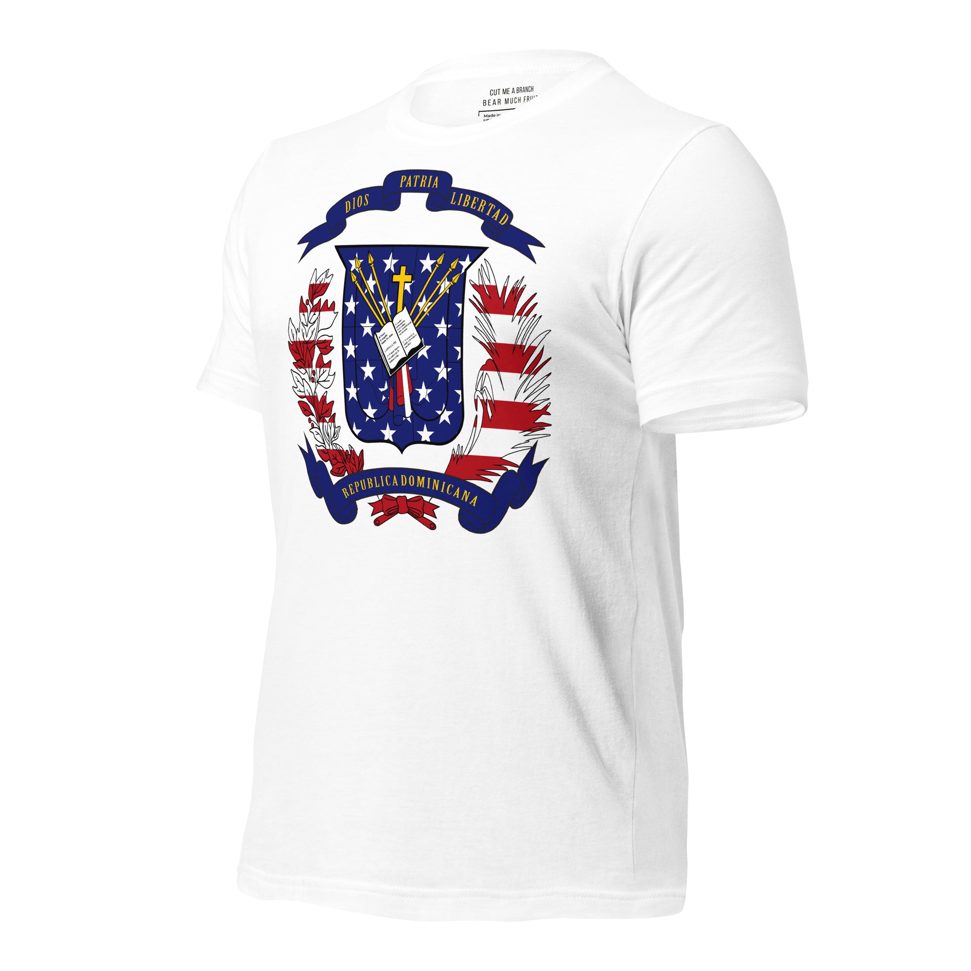 Dominican American white t-shirt made in USA left front