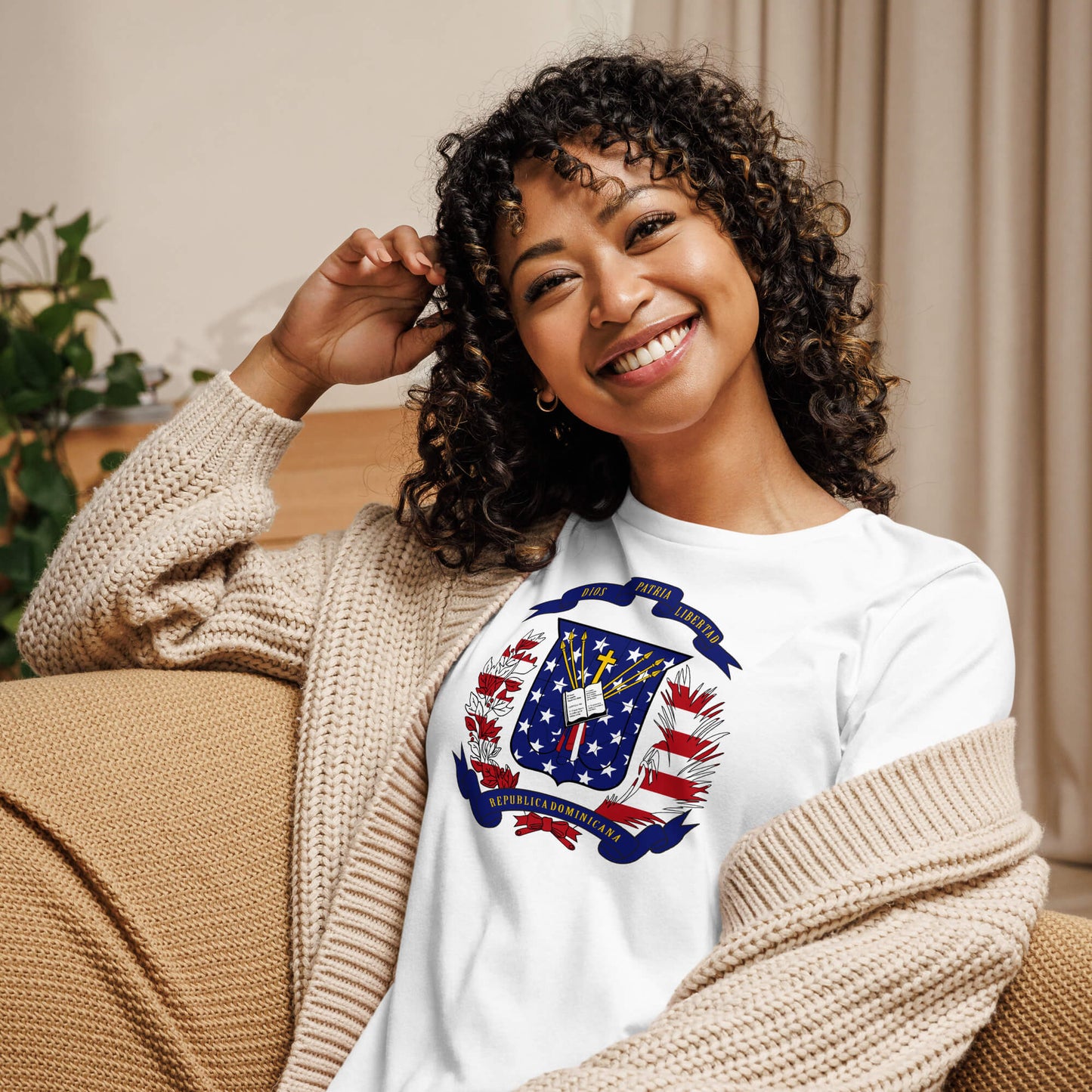 Dominican American white womens relaxed fit t-shirt model front