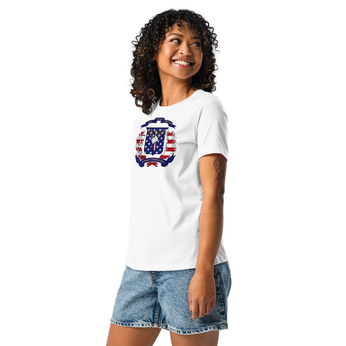 Dominican American white womens relaxed fit t-shirt model left