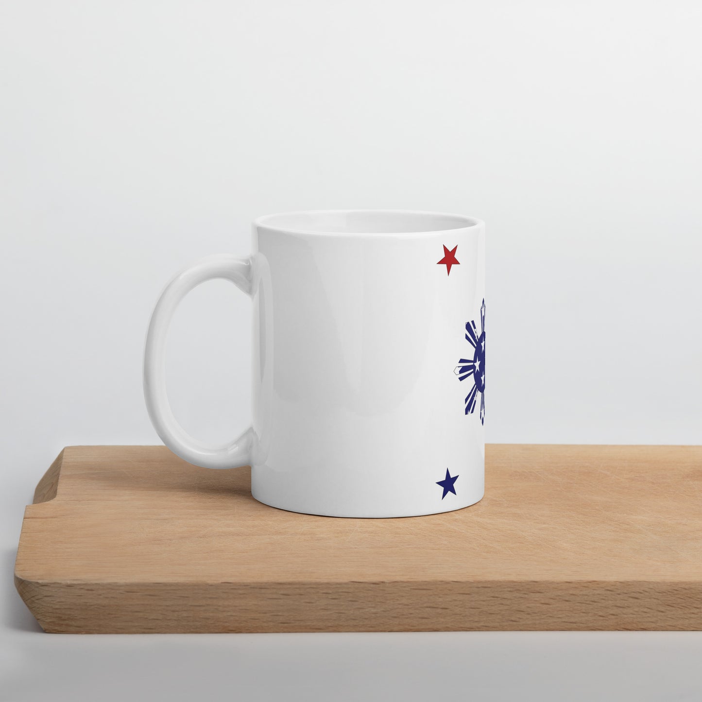 Filipino American 11oz white mug on wooden board